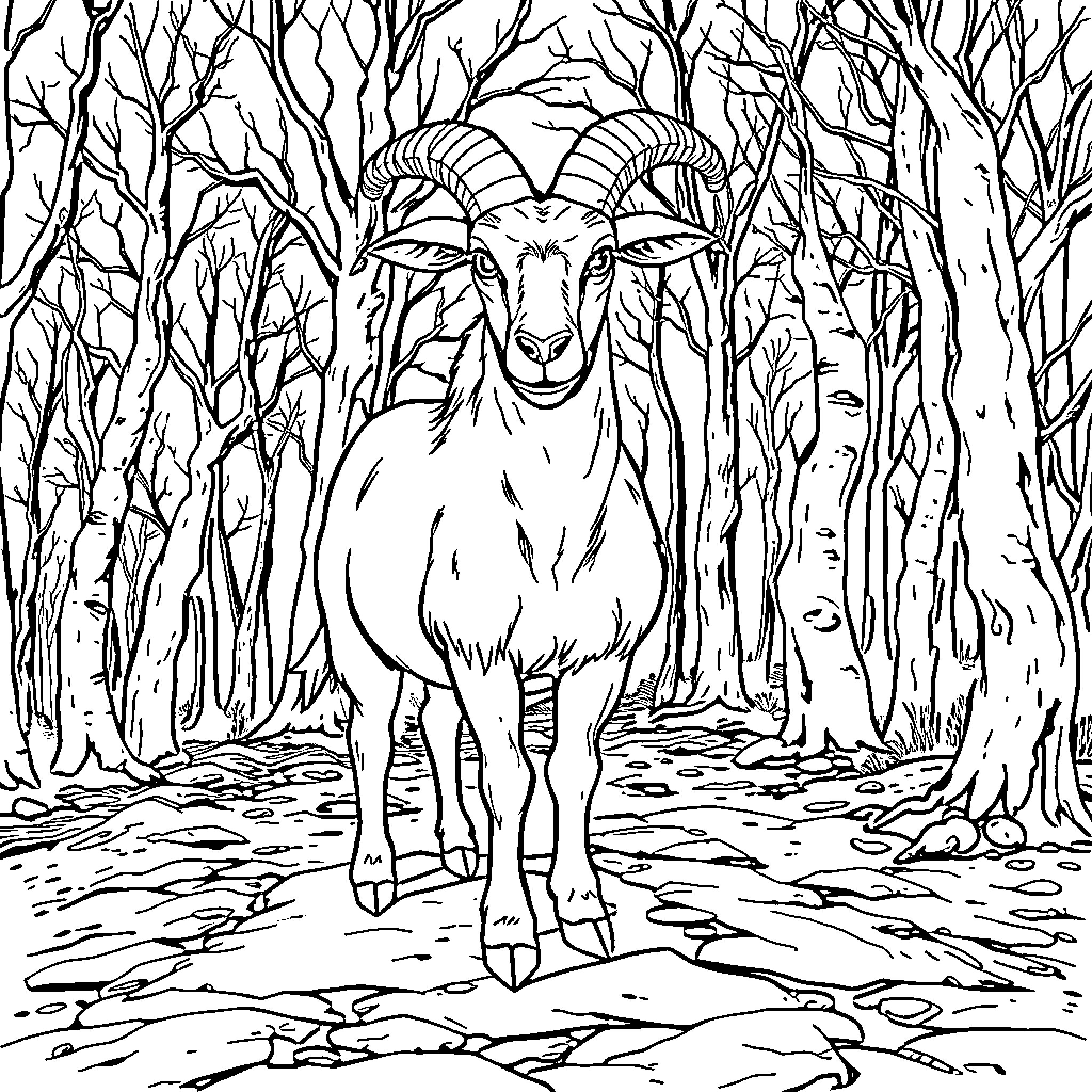 Cabra in the Enchanted Forest Coloring Page (free black-and-white line drawing printable PDF for all, from beginners to advanced learners, including children, teens, adults, and seniors)