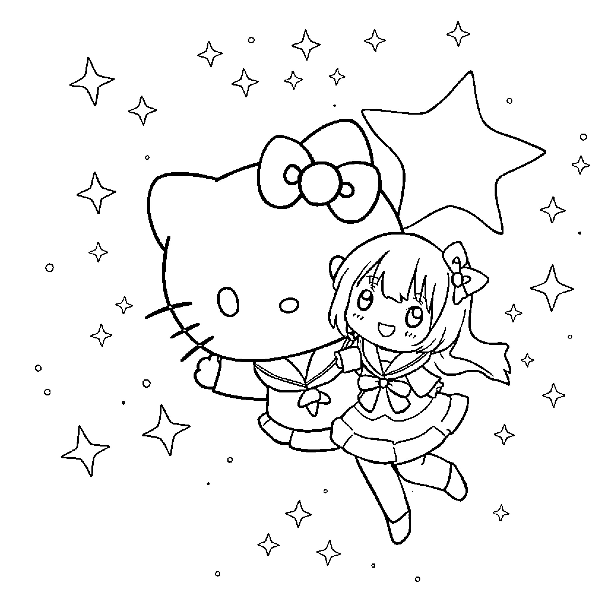 Kuromi dancing joyfully with a large star Coloring Page (free black-and-white line drawing printable PDF for all, from beginners to advanced learners, including children, teens, adults, and seniors)
