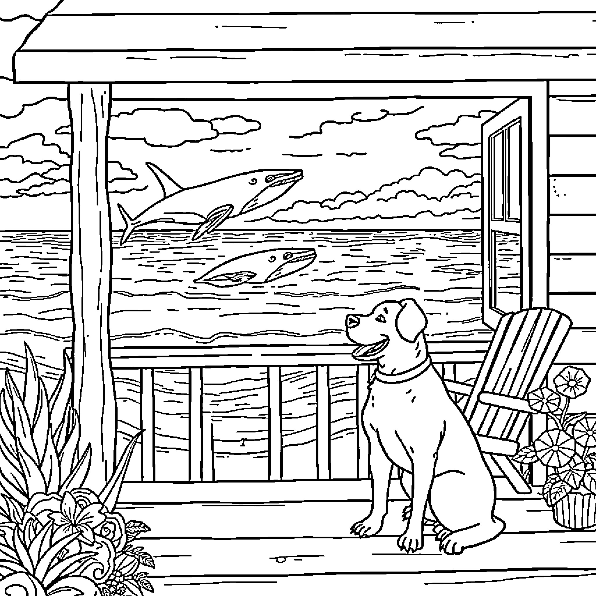 Dog watching sharks in the ocean near a cabin Coloring Page (free black-and-white line drawing printable PDF for all, from beginners to advanced learners, including children, teens, adults, and seniors)
