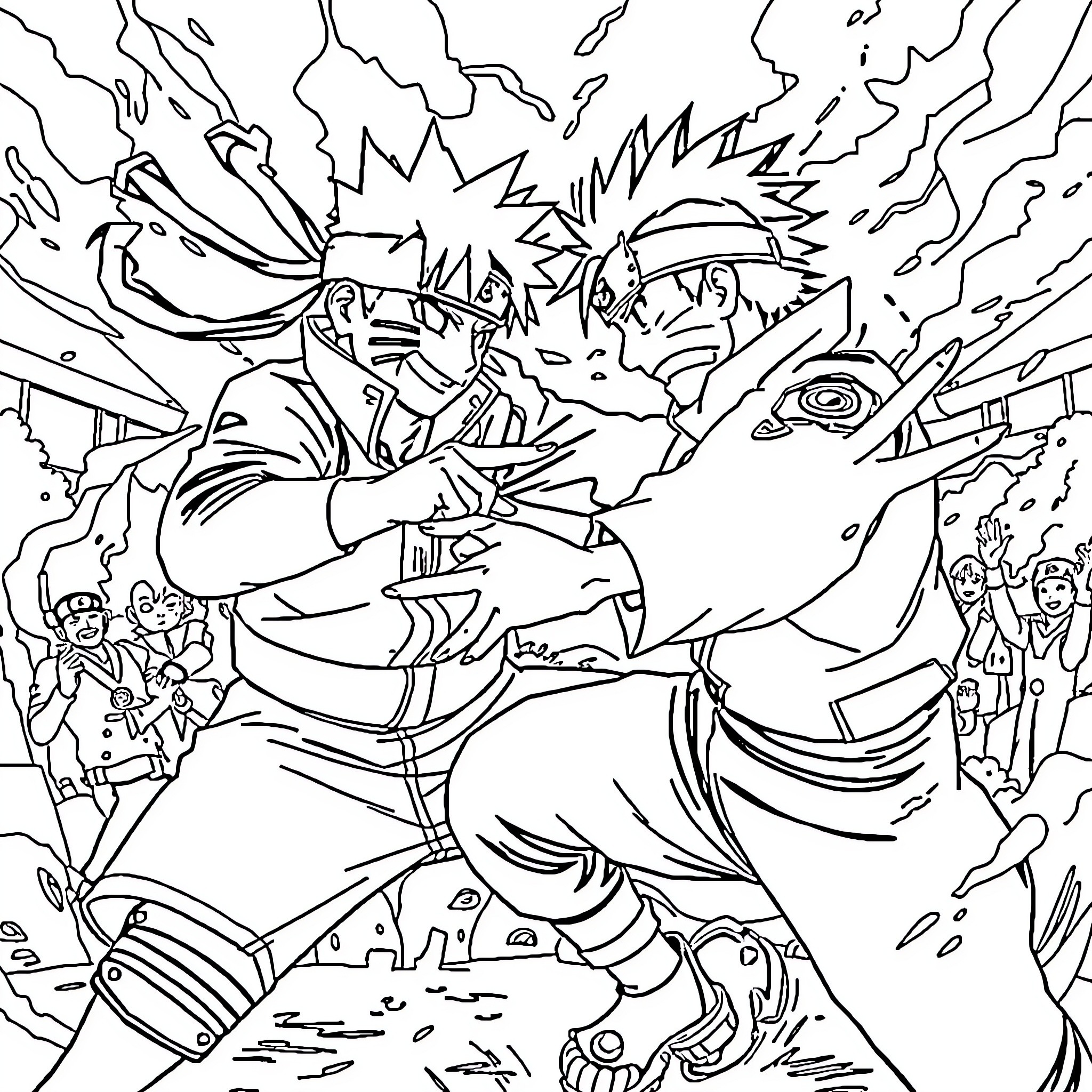 Tokio Ninjas Clash in Intense Battle Coloring Page (free black-and-white line drawing printable PDF for all, from beginners to advanced learners, including children, teens, adults, and seniors)