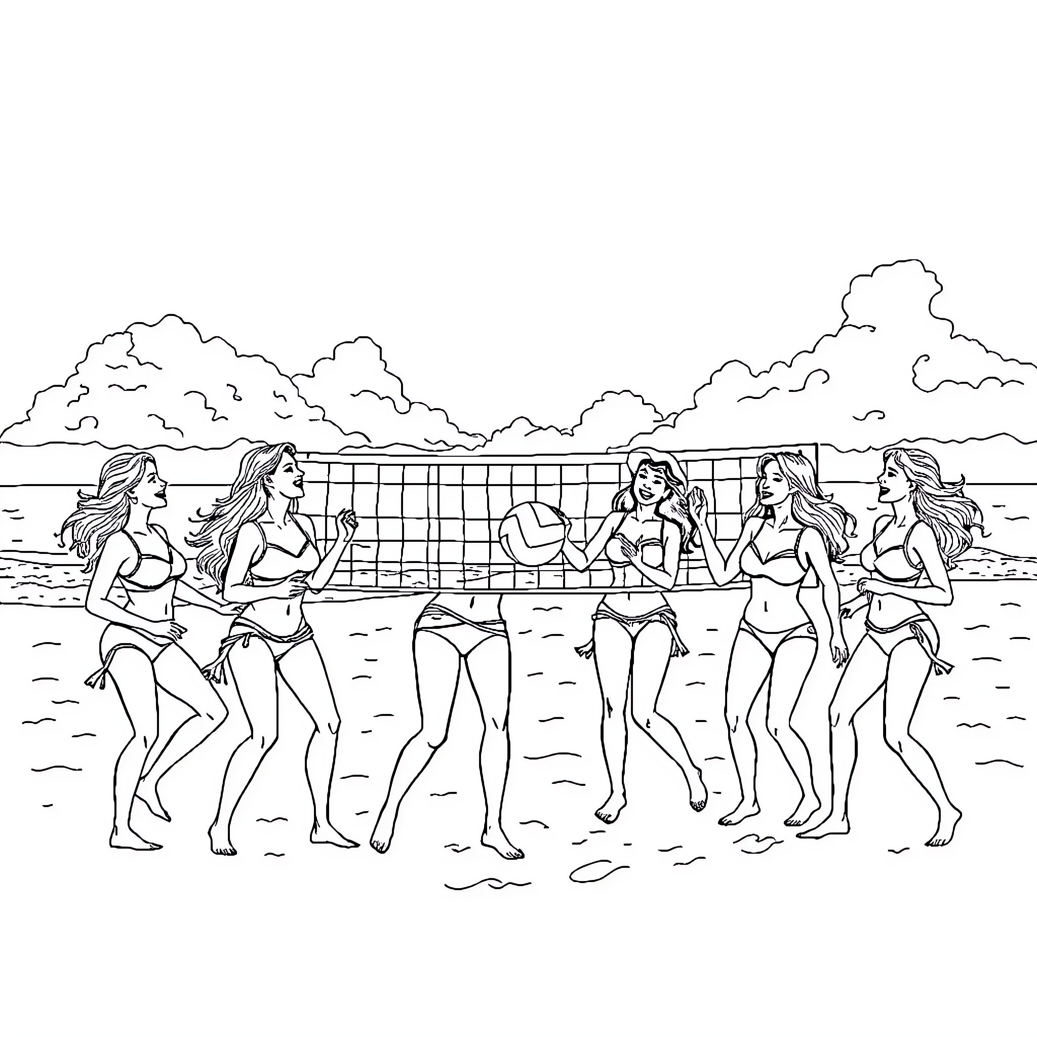 Women playing beach volleyball on the shore Coloring Page (free black-and-white line drawing printable PDF for all, from beginners to advanced learners, including children, teens, adults, and seniors)
