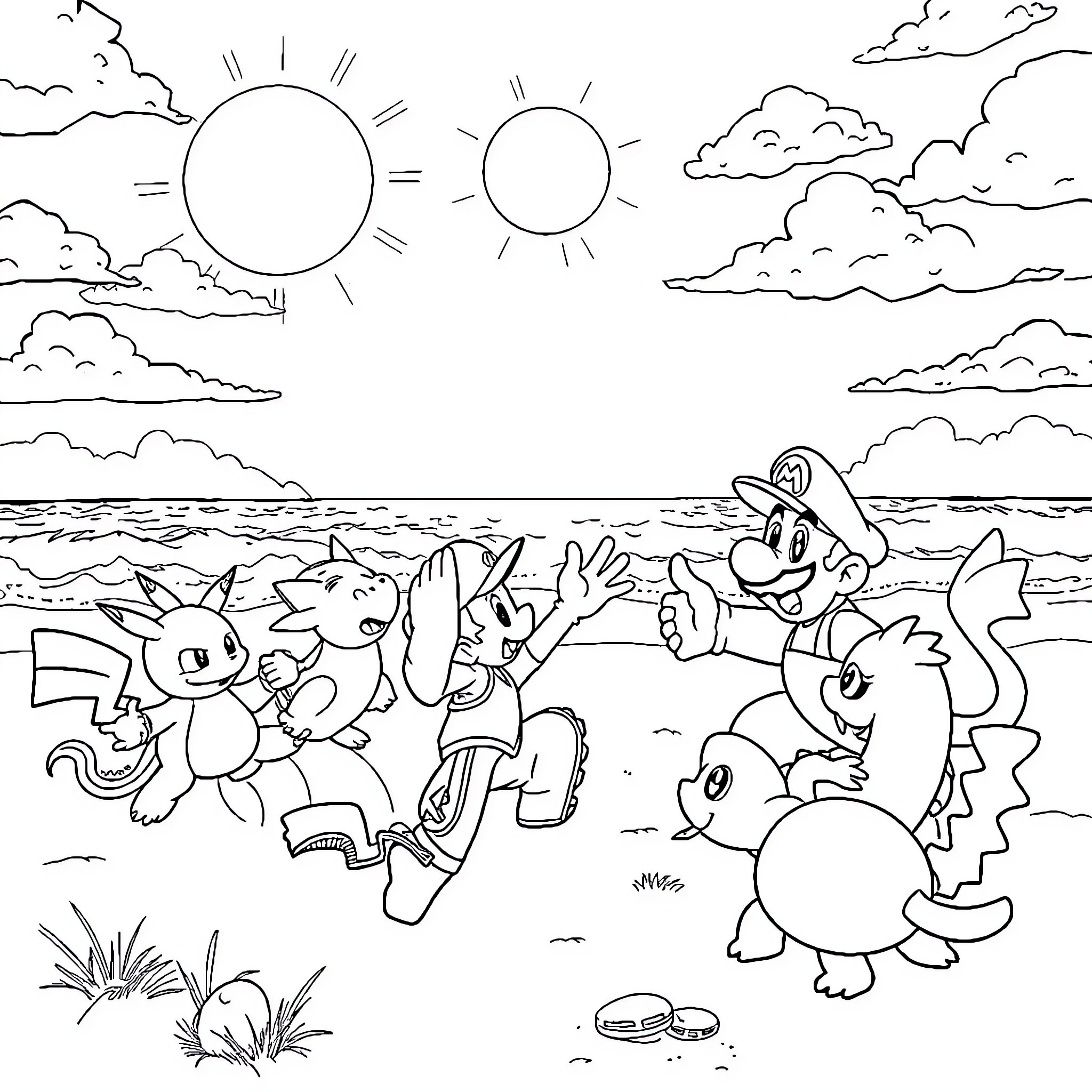 Pokémon characters enjoying a sunny day at the beach Coloring Page (free black-and-white line drawing printable PDF for all, from beginners to advanced learners, including children, teens, adults, and seniors)
