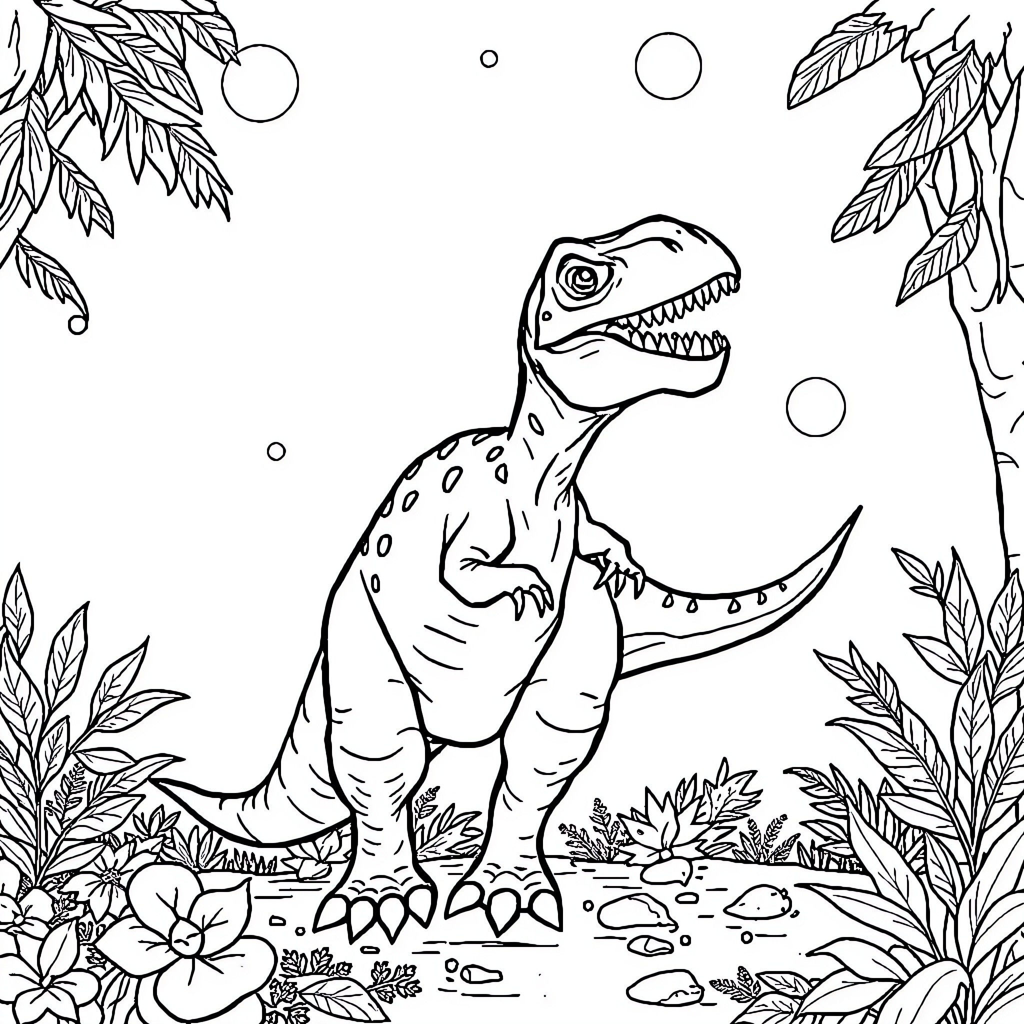Dinosaur roaming through lush forest environment Coloring Page (free black-and-white line drawing printable PDF for all, from beginners to advanced learners, including children, teens, adults, and seniors)