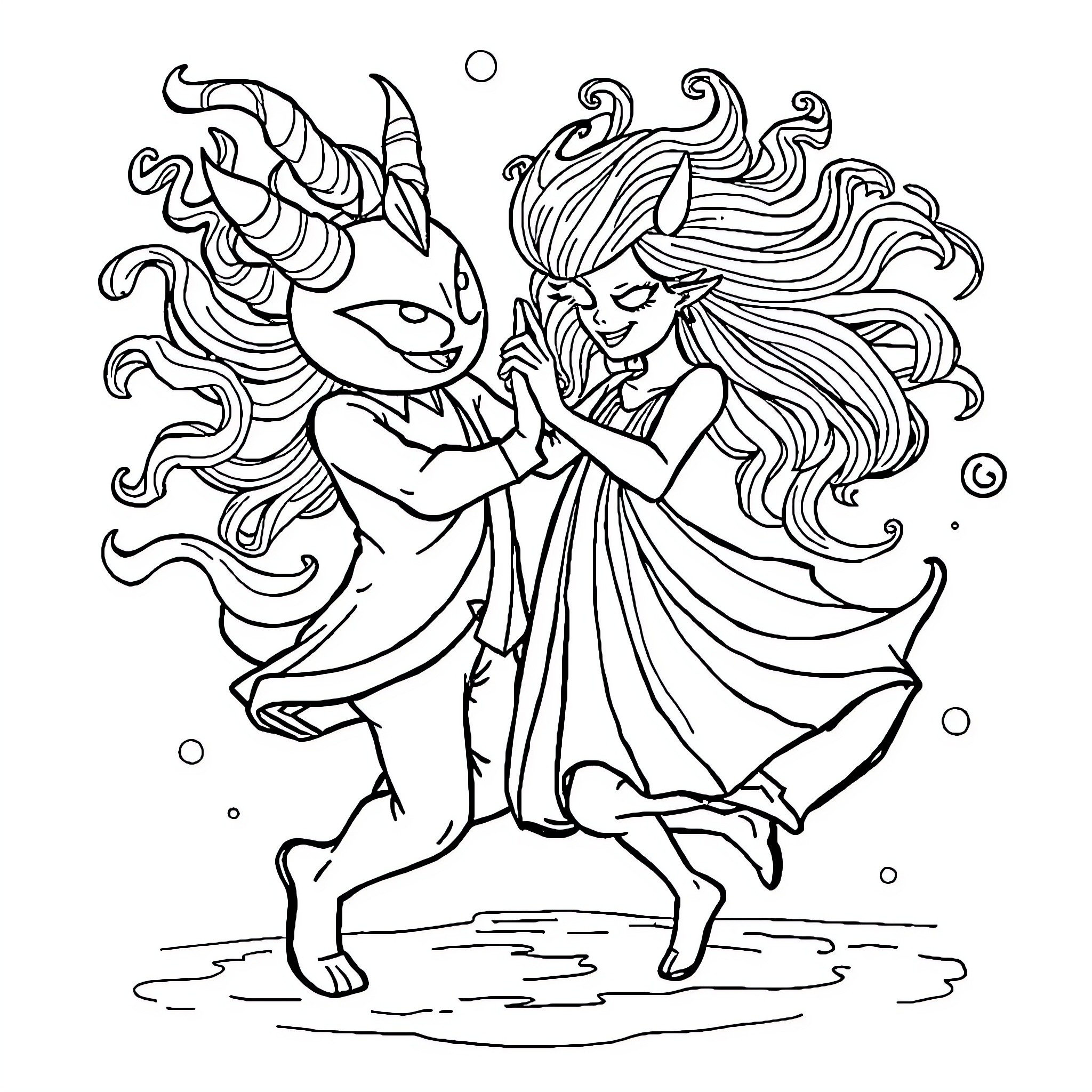 Ronduoduo dancing with magical creature Coloring Page (free black-and-white line drawing printable PDF for all, from beginners to advanced learners, including children, teens, adults, and seniors)