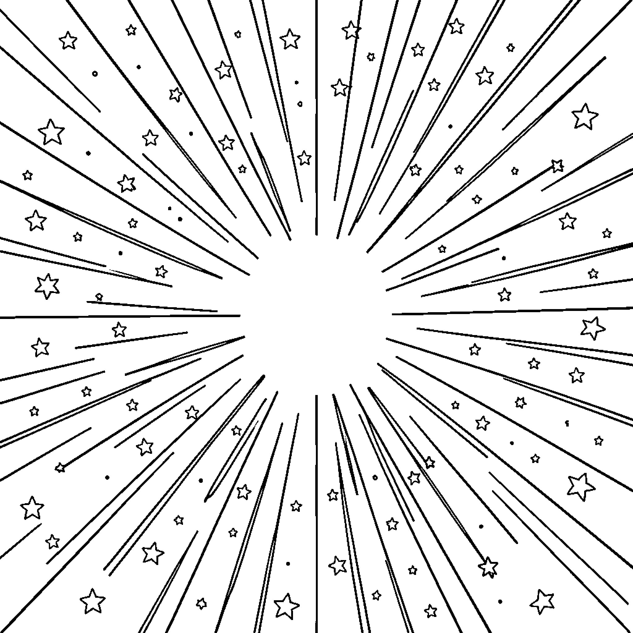 Starburst explosion of lines and small twinkling stars Coloring Page (free black-and-white line drawing printable PDF for all, from beginners to advanced learners, including children, teens, adults, and seniors)