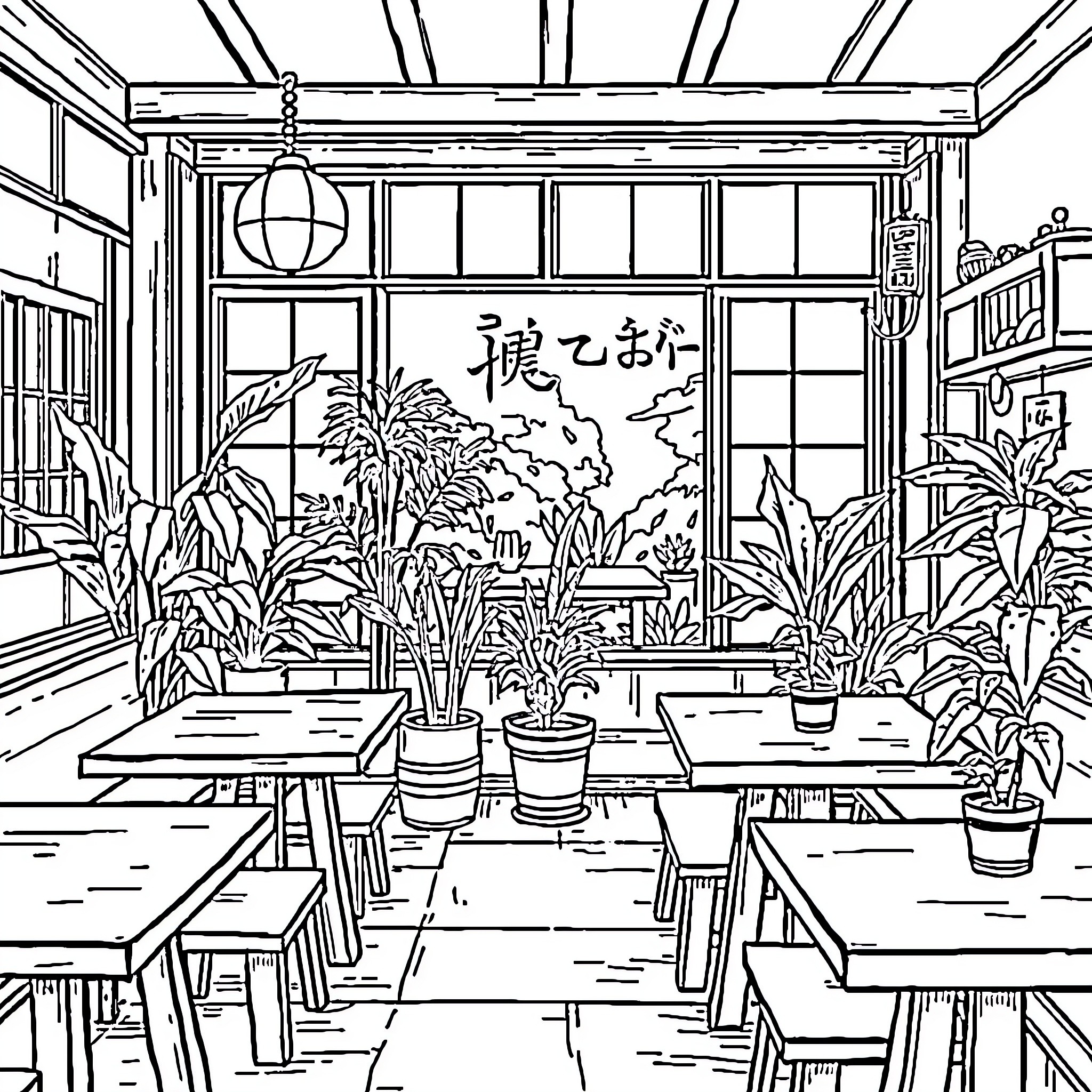 Japanese Cafe with lush indoor greenery Coloring Page (free black-and-white line drawing printable PDF for all, from beginners to advanced learners, including children, teens, adults, and seniors)