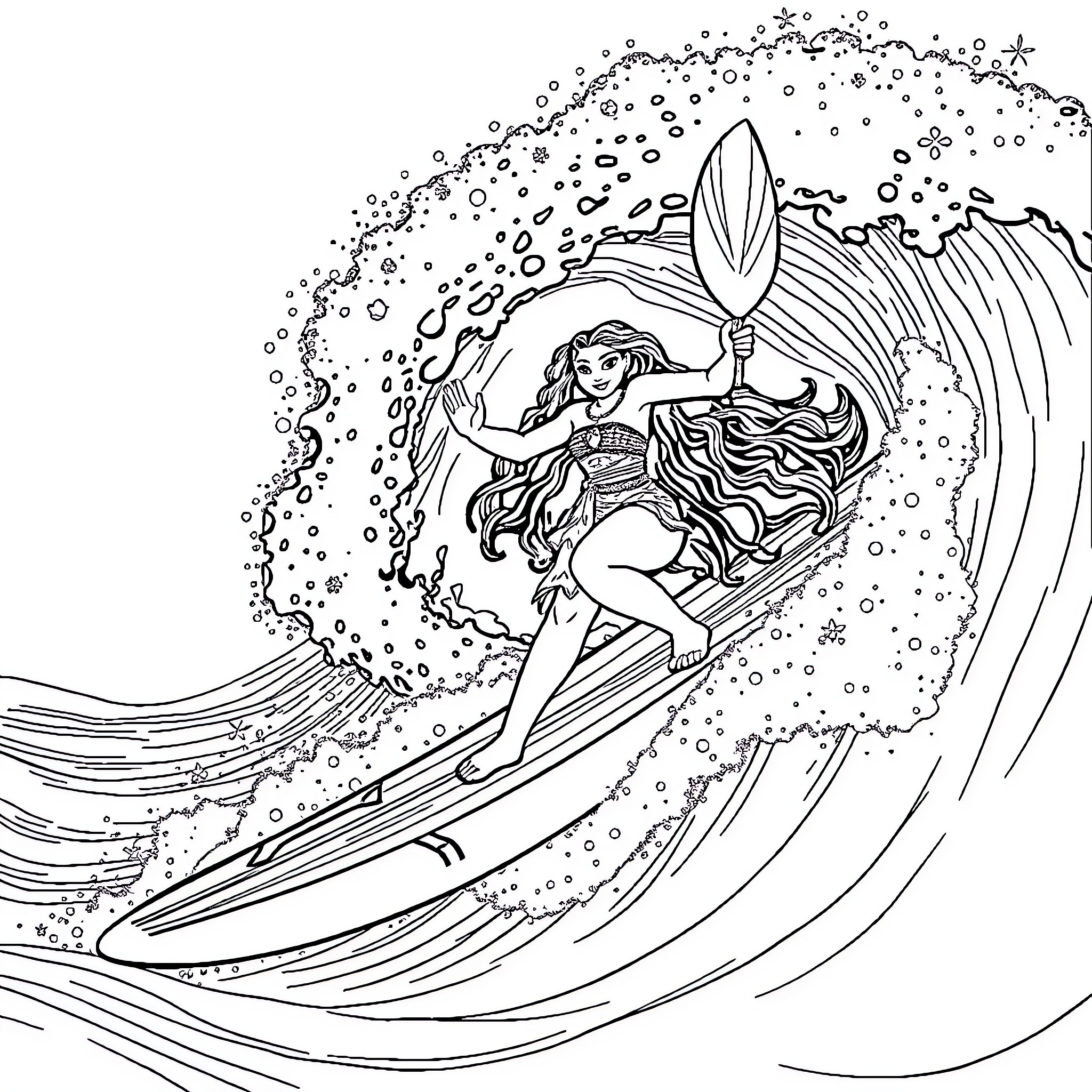 Moana surfing on a magical ocean wave Coloring Page (free black-and-white line drawing printable PDF for all, from beginners to advanced learners, including children, teens, adults, and seniors)