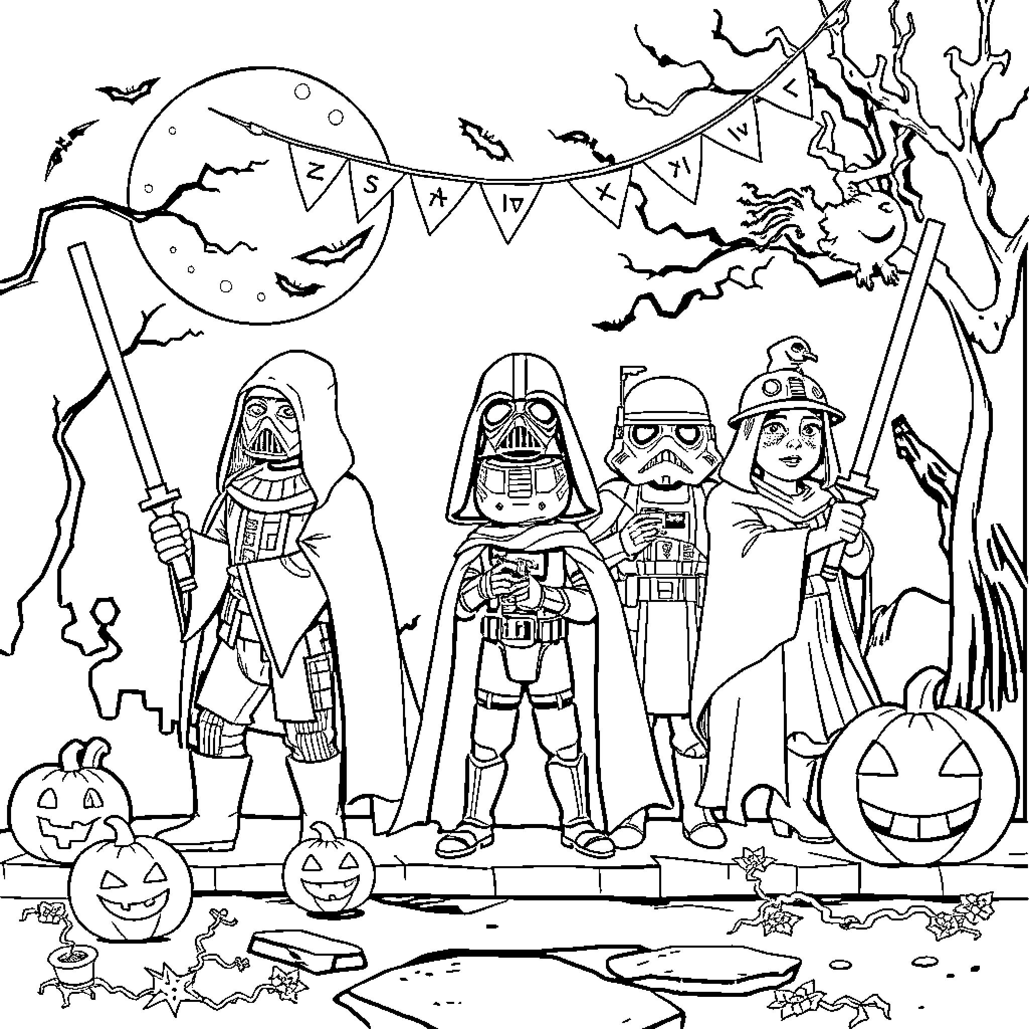 Star Wars Characters Celebrating Halloween Coloring Page (free black-and-white line drawing printable PDF for all, from beginners to advanced learners, including children, teens, adults, and seniors)