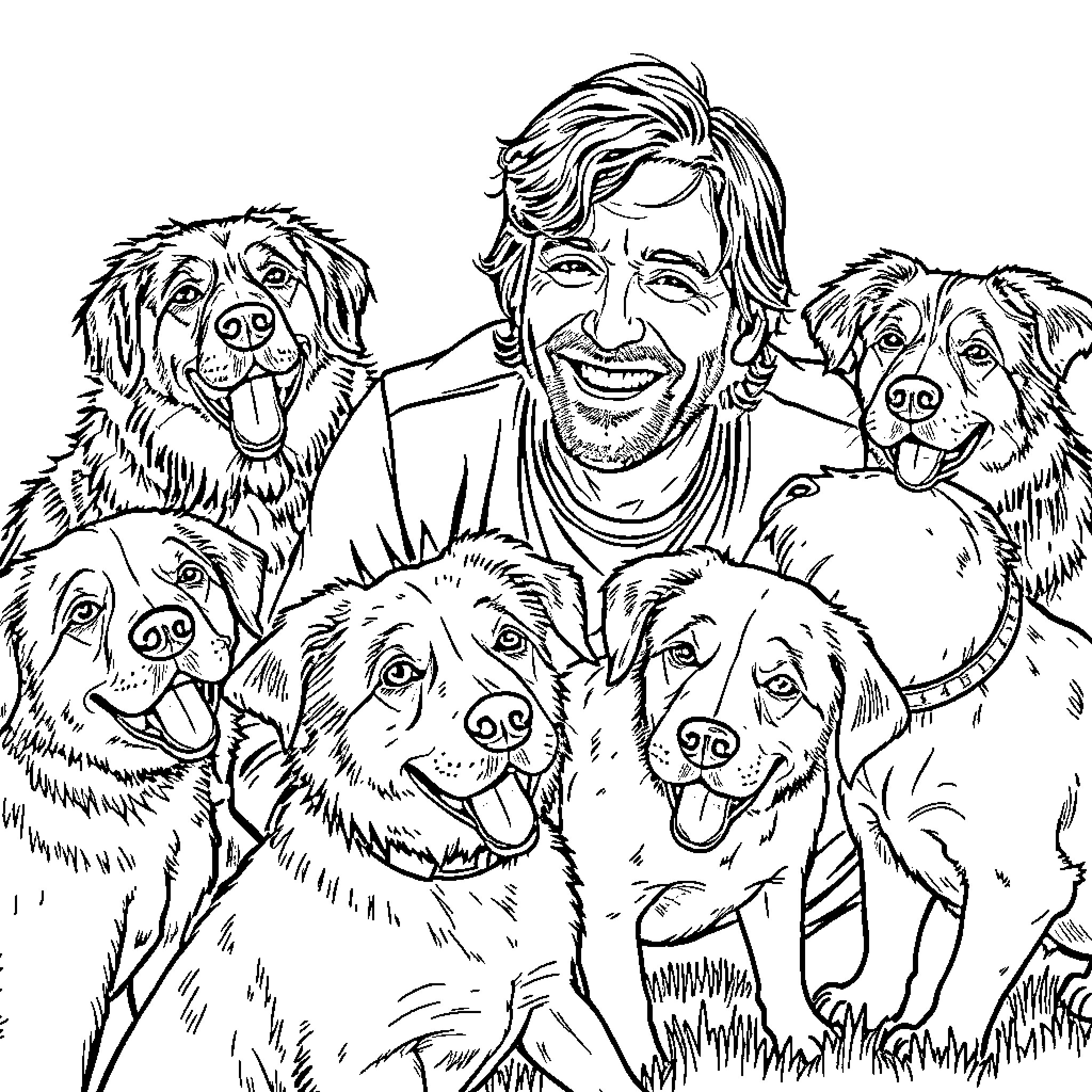 Noel Gallagher surrounded by joyful dogs Coloring Page (free black-and-white line drawing printable PDF for all, from beginners to advanced learners, including children, teens, adults, and seniors)