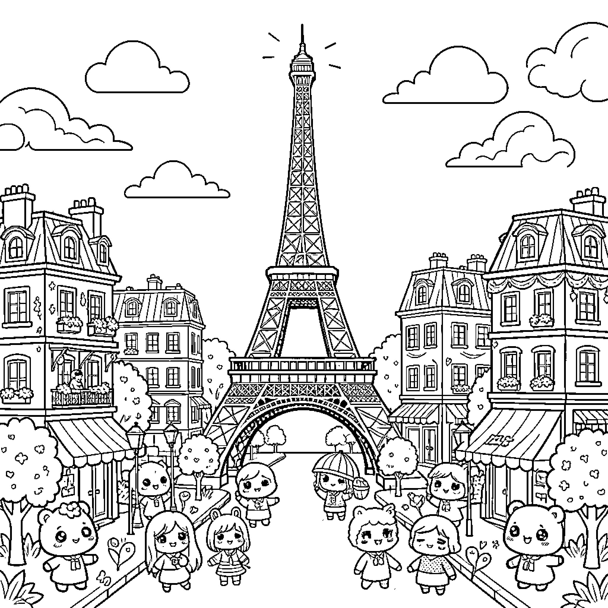 Eiffel Tower surrounded by cute characters in a city Coloring Page (free black-and-white line drawing printable PDF for all, from beginners to advanced learners, including children, teens, adults, and seniors)