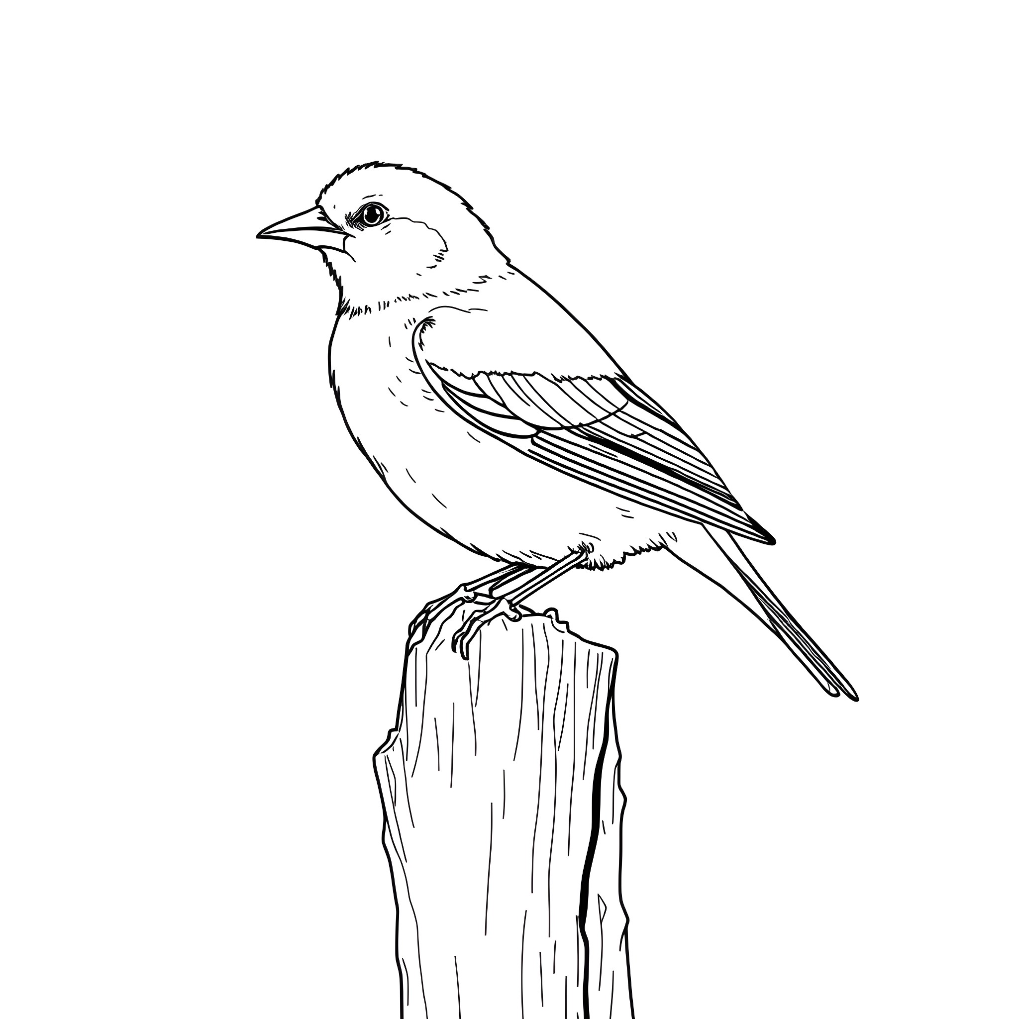 Saffron Finch perched on wooden post Coloring Page (free black-and-white line drawing printable PDF for all, from beginners to advanced learners, including children, teens, adults, and seniors)