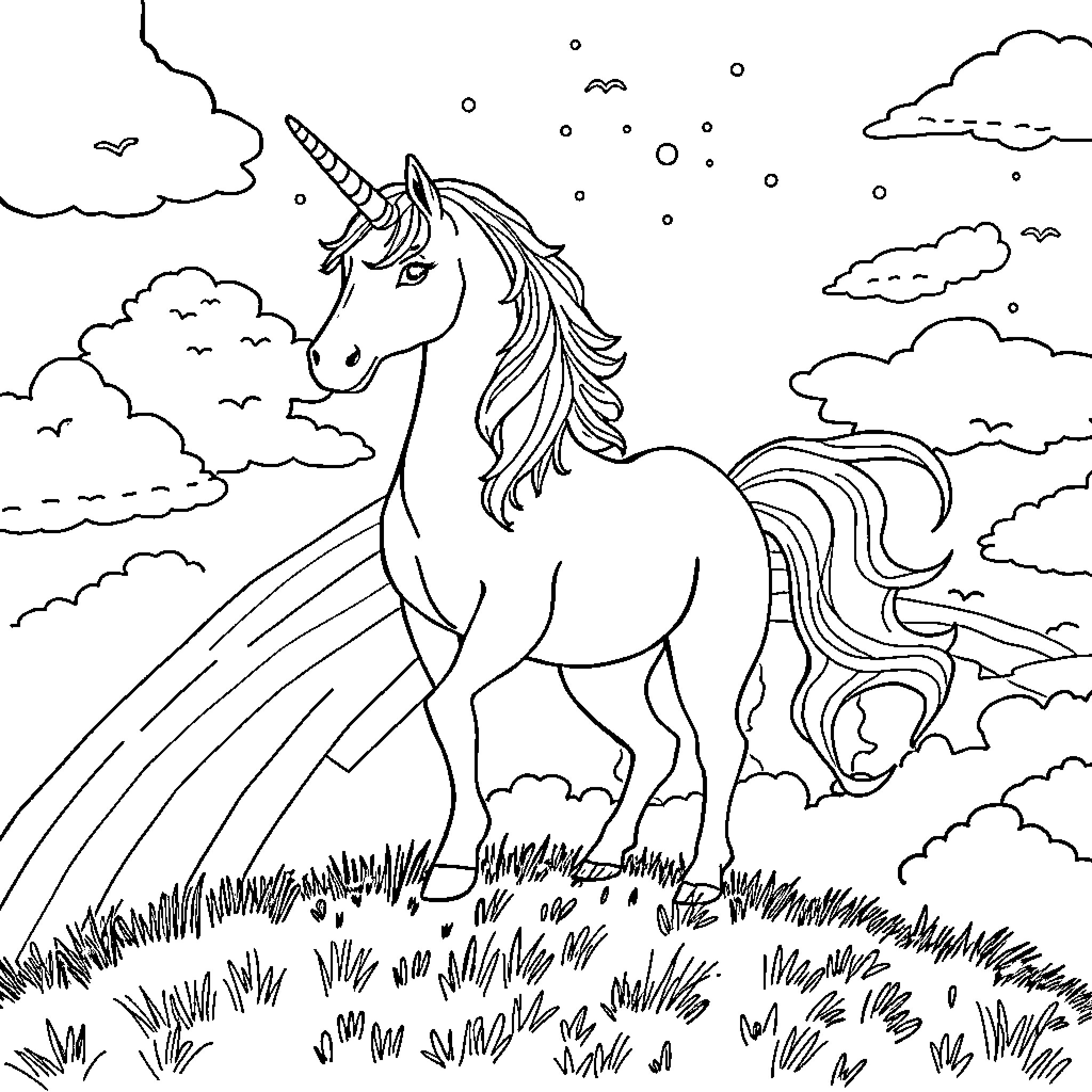 Unicorn Galloping Through Enchanted Meadow Coloring Page (free black-and-white line drawing printable PDF for all, from beginners to advanced learners, including children, teens, adults, and seniors)