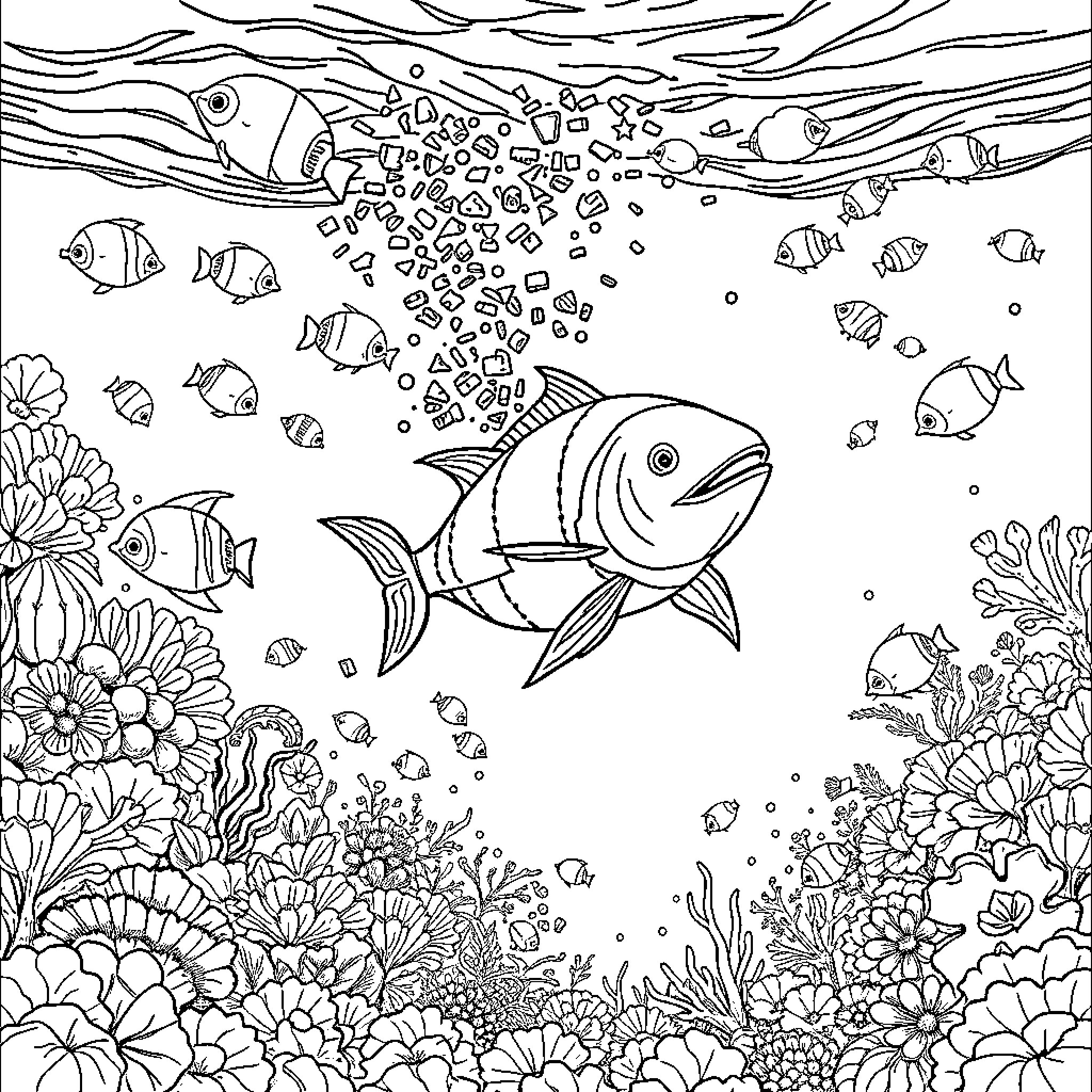 Submarine scene with underwater marine life Coloring Page (free black-and-white line drawing printable PDF for all, from beginners to advanced learners, including children, teens, adults, and seniors)
