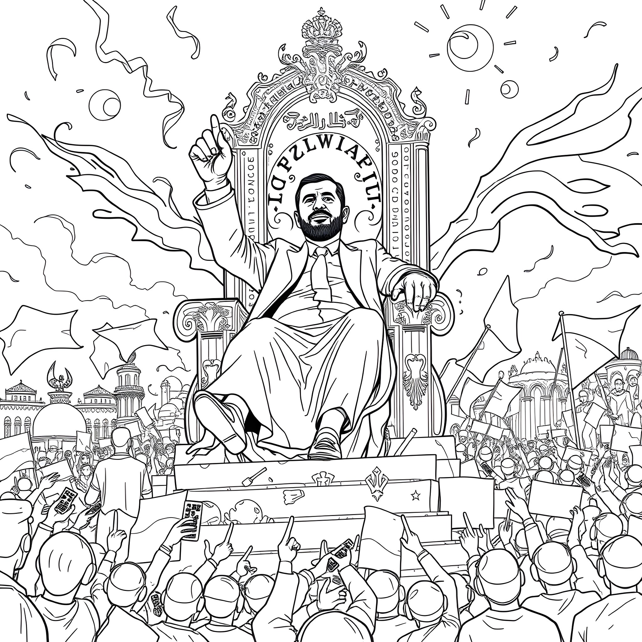 Bashar al Assad enthroned amidst a jubilant crowd Coloring Page (free black-and-white line drawing printable PDF for all, from beginners to advanced learners, including children, teens, adults, and seniors)