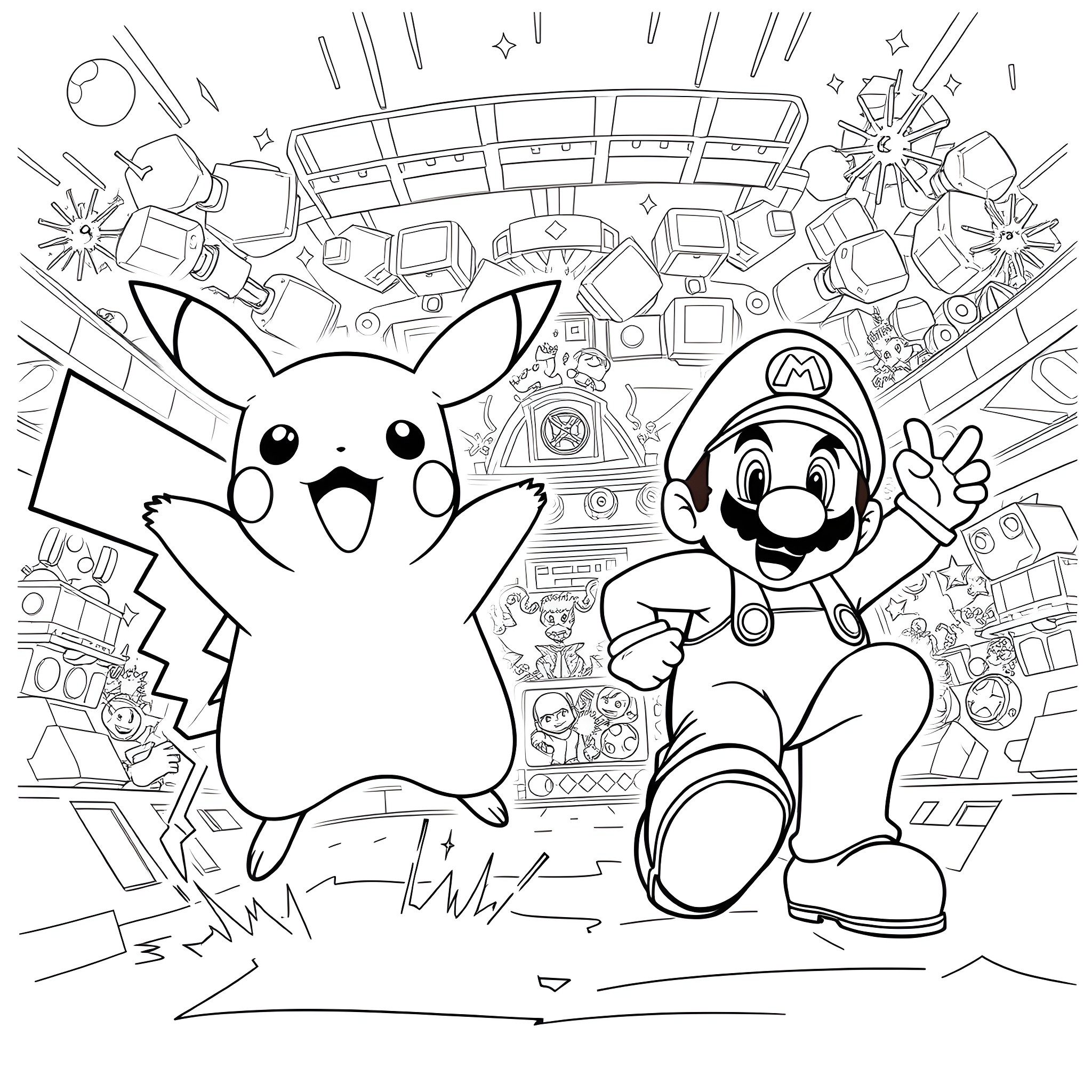 Pikachu and Mario enjoying a video game adventure Coloring Page (free black-and-white line drawing printable PDF for all, from beginners to advanced learners, including children, teens, adults, and seniors)
