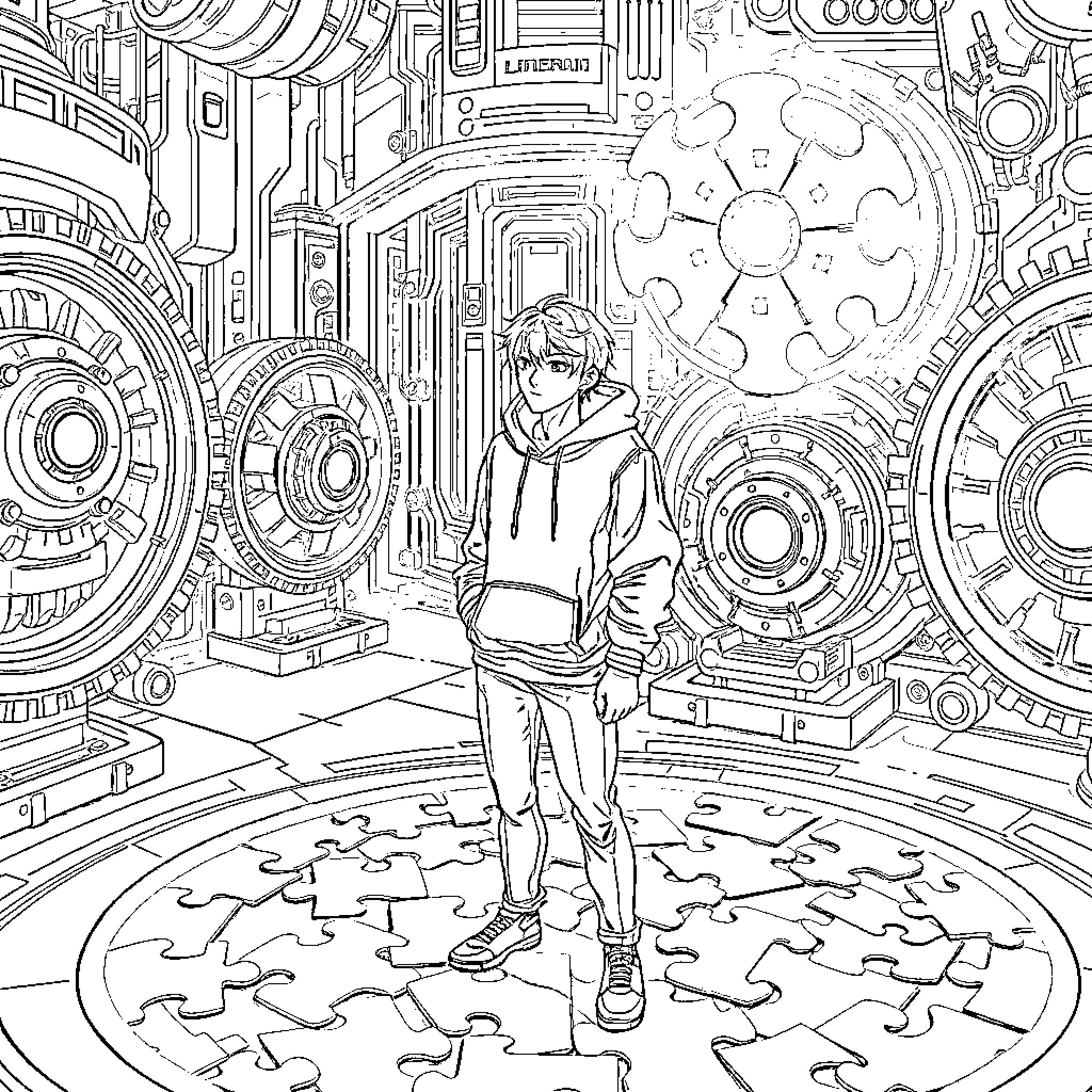 Linera Boy explores the intricate mechanical landscape Coloring Page (free black-and-white line drawing printable PDF for all, from beginners to advanced learners, including children, teens, adults, and seniors)