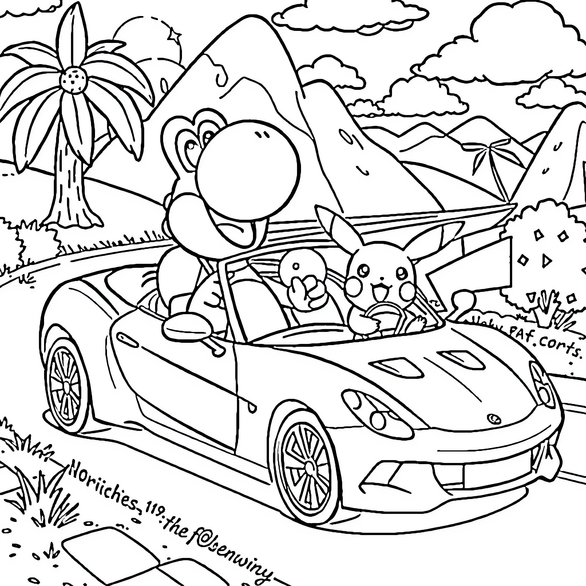 Yoshi's Tropical Adventure in a Sports Car Coloring Page (free black-and-white line drawing printable PDF for all, from beginners to advanced learners, including children, teens, adults, and seniors)