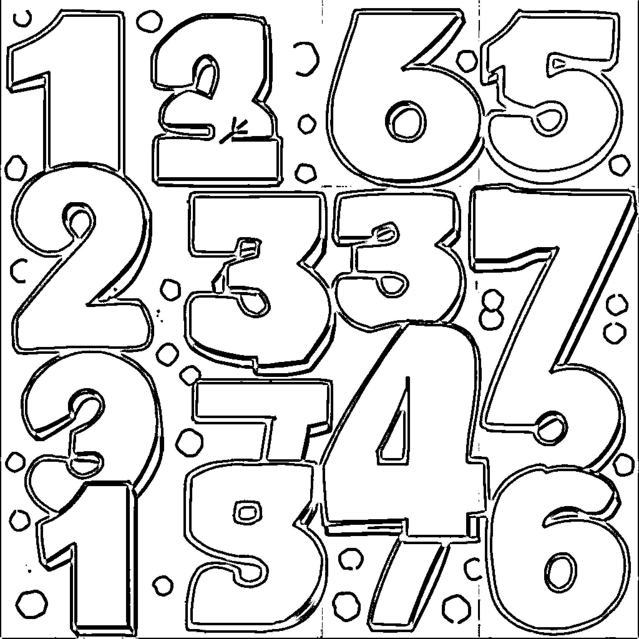 Number Various Numerical Figures in Black and White Coloring Page (free black-and-white line drawing printable PDF for all, from beginners to advanced learners, including children, teens, adults, and seniors)
