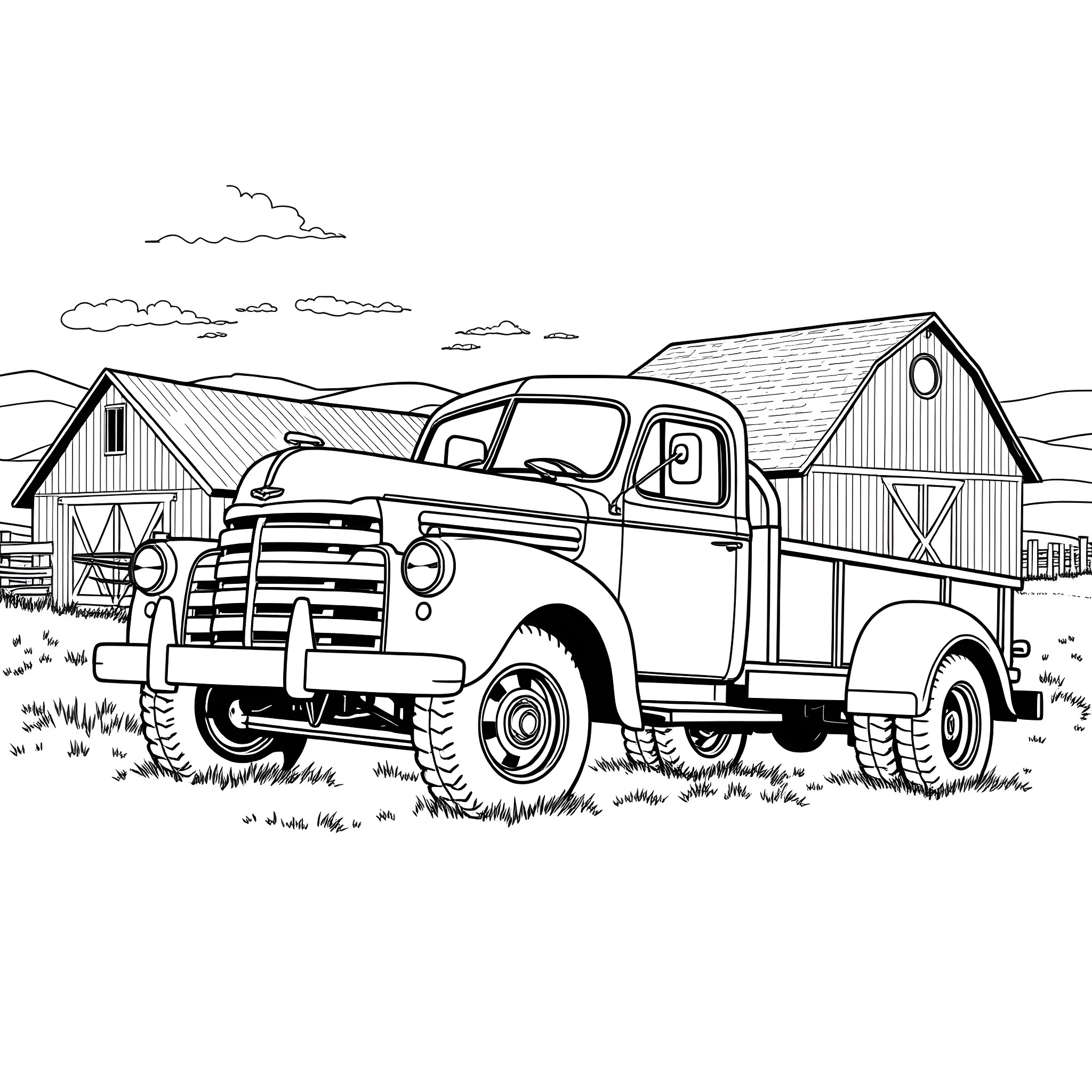 Truck parked in front of a rural barn Coloring Page (free black-and-white line drawing printable PDF for all, from beginners to advanced learners, including children, teens, adults, and seniors)
