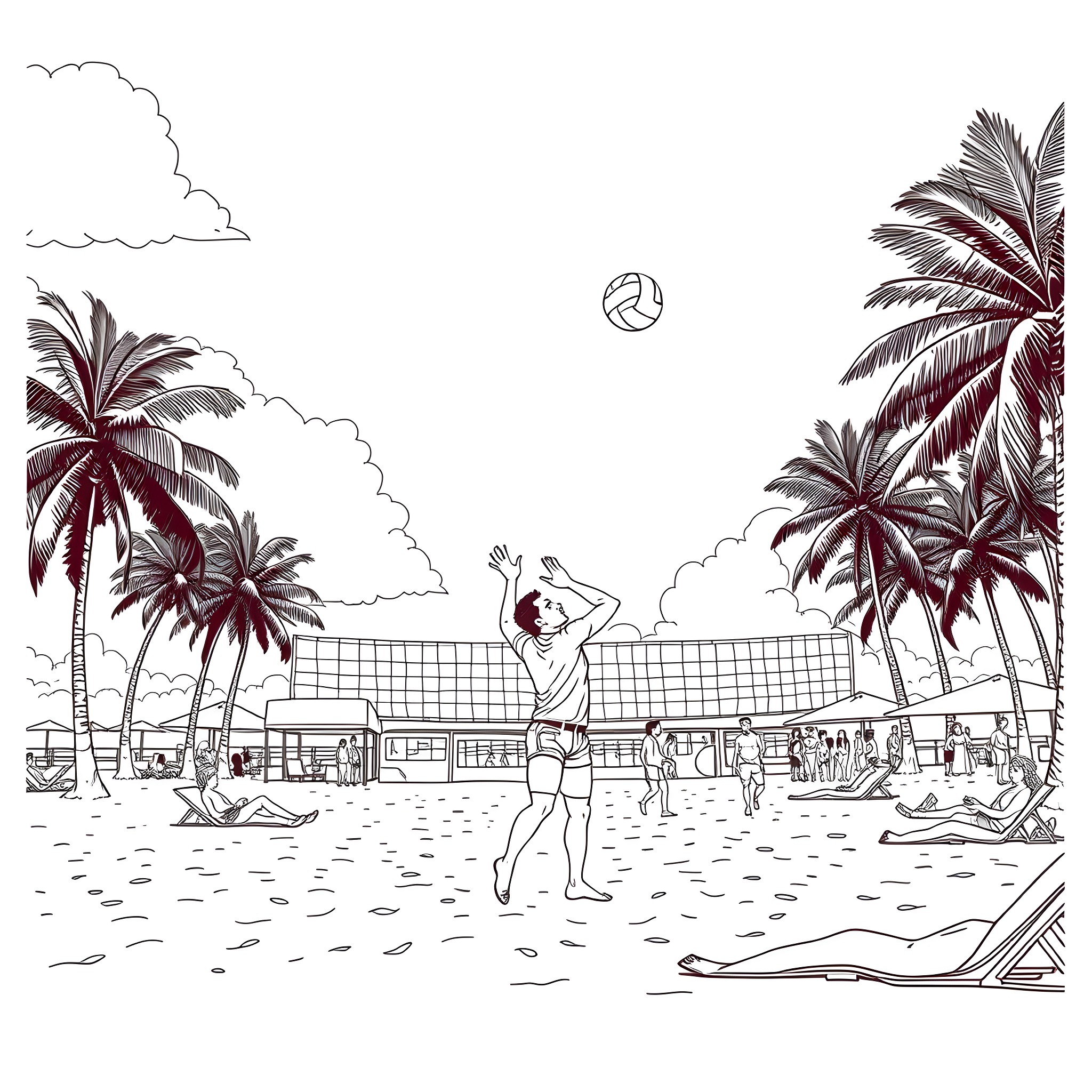 Negan's Beachside Volleyball Game Coloring Page (free black-and-white line drawing printable PDF for all, from beginners to advanced learners, including children, teens, adults, and seniors)
