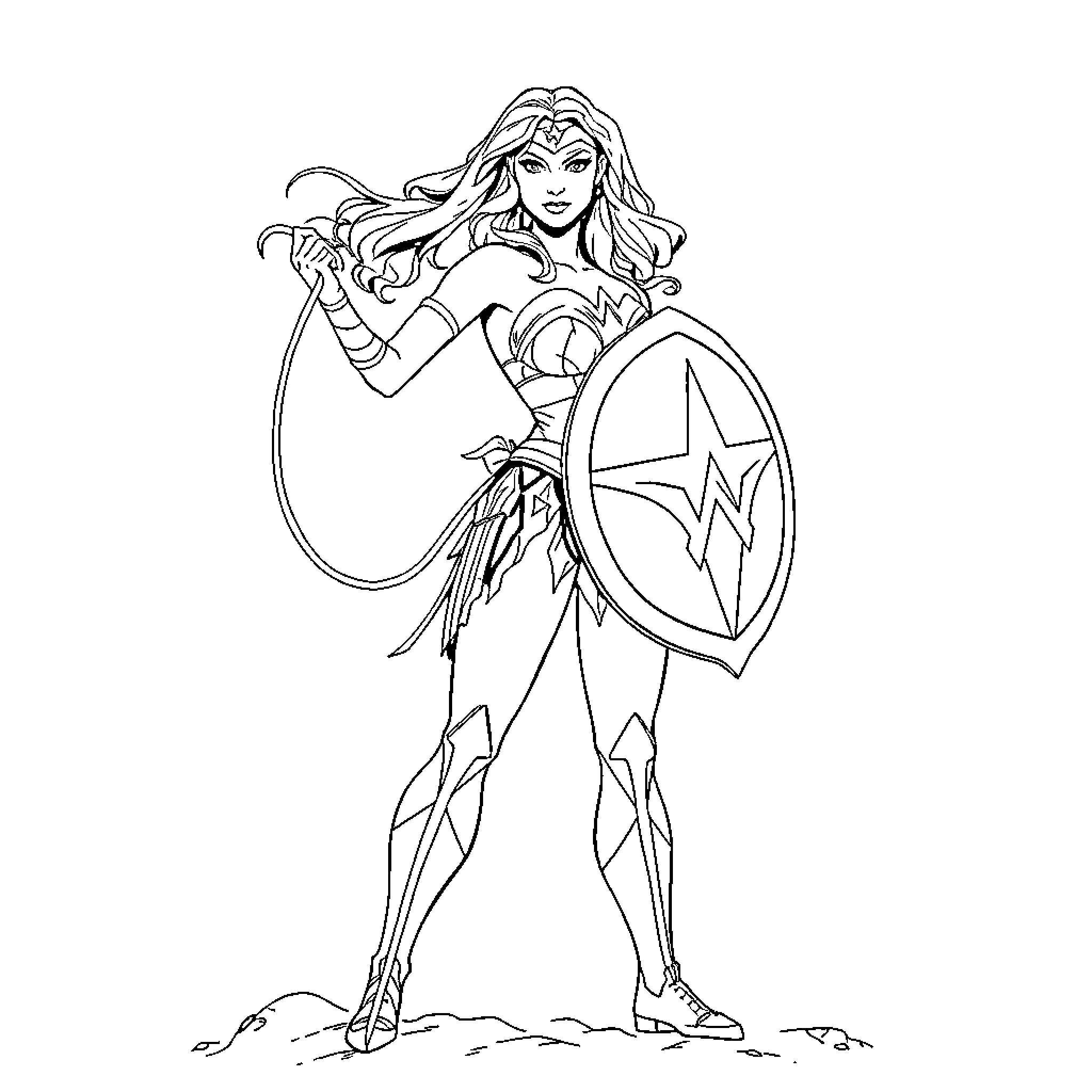 Wonder Woman heroically posing with shield and sword Coloring Page (free black-and-white line drawing printable PDF for all, from beginners to advanced learners, including children, teens, adults, and seniors)