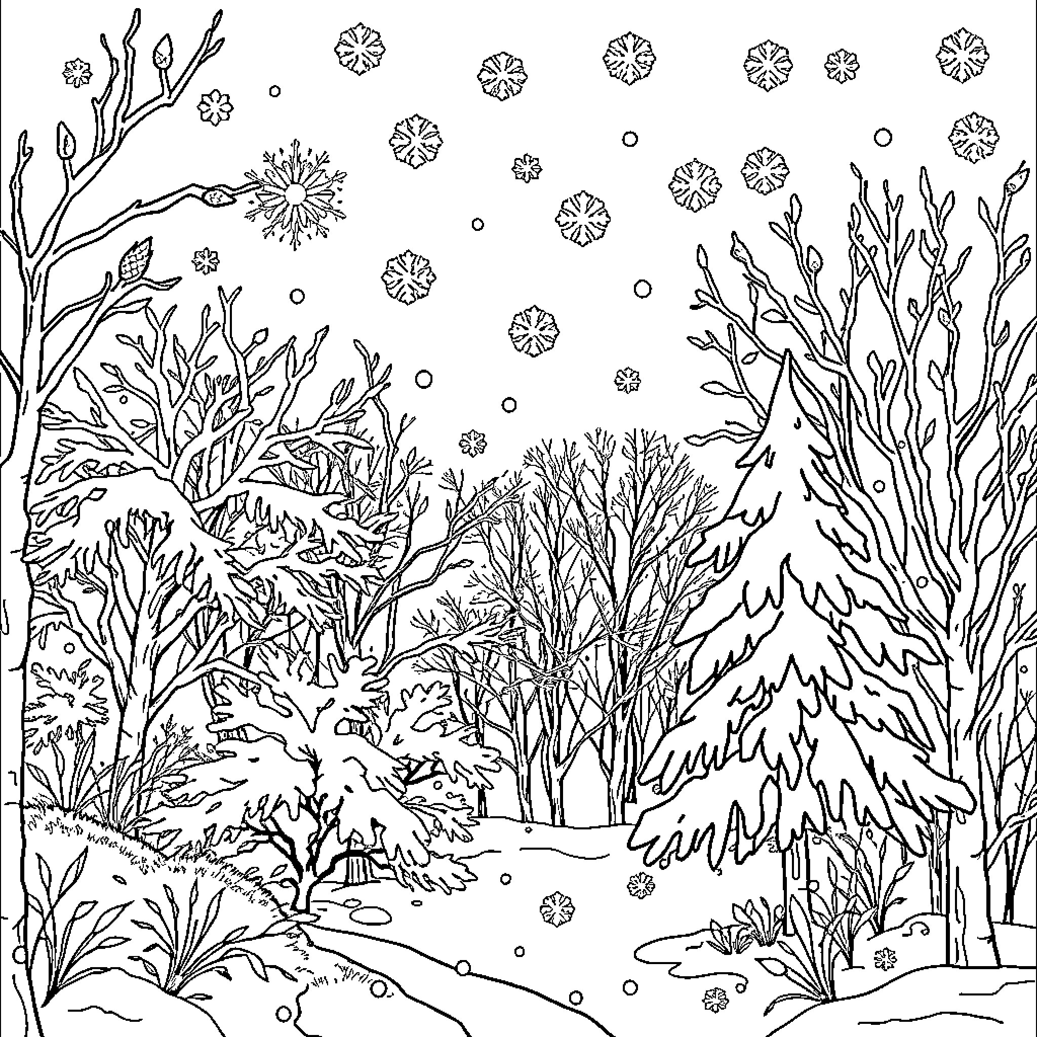 January Snowy Winter Landscape with Whimsical Foliage Coloring Page (free black-and-white line drawing printable PDF for all, from beginners to advanced learners, including children, teens, adults, and seniors)