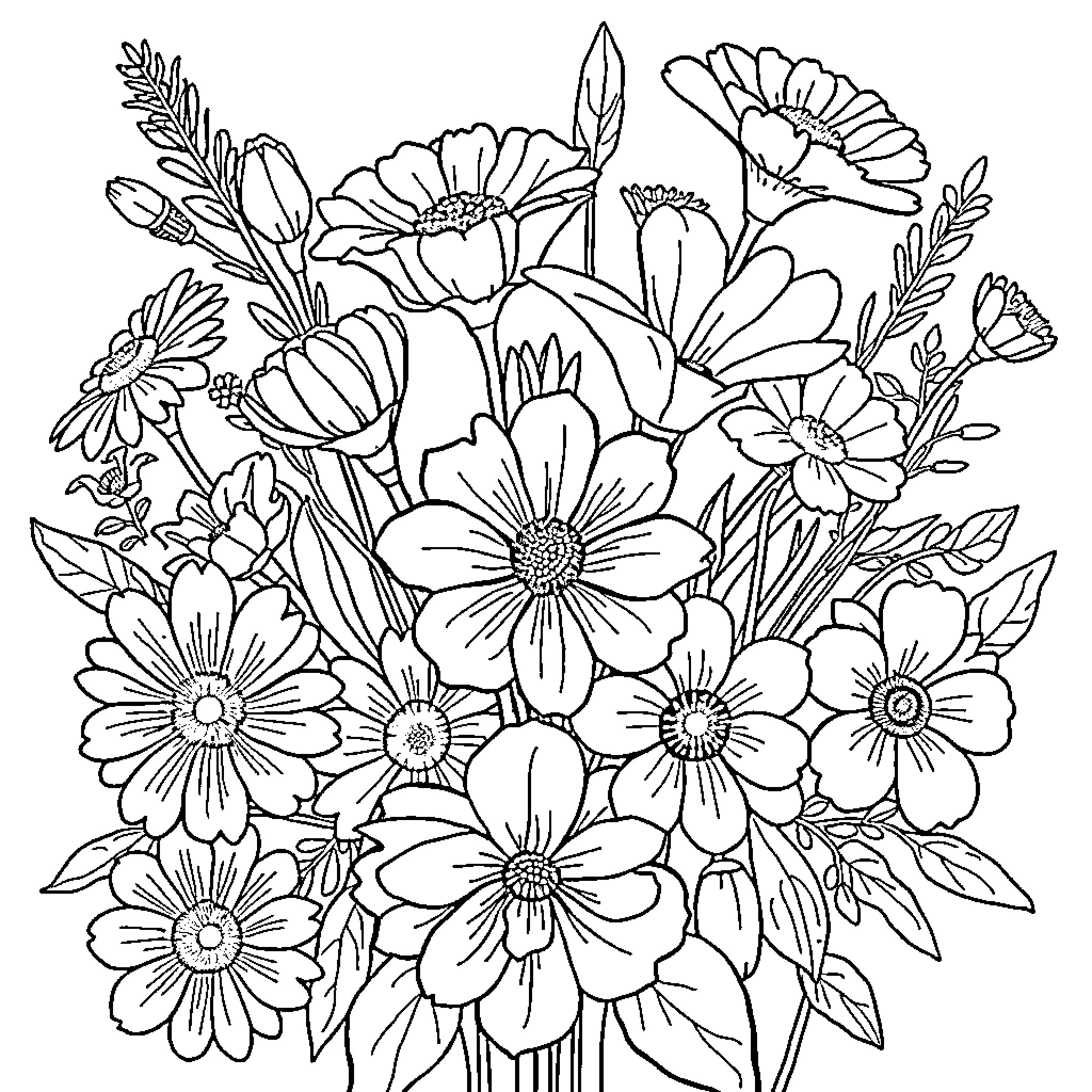 Flower bouquet with various blooming flowers Coloring Page (free black-and-white line drawing printable PDF for all, from beginners to advanced learners, including children, teens, adults, and seniors)