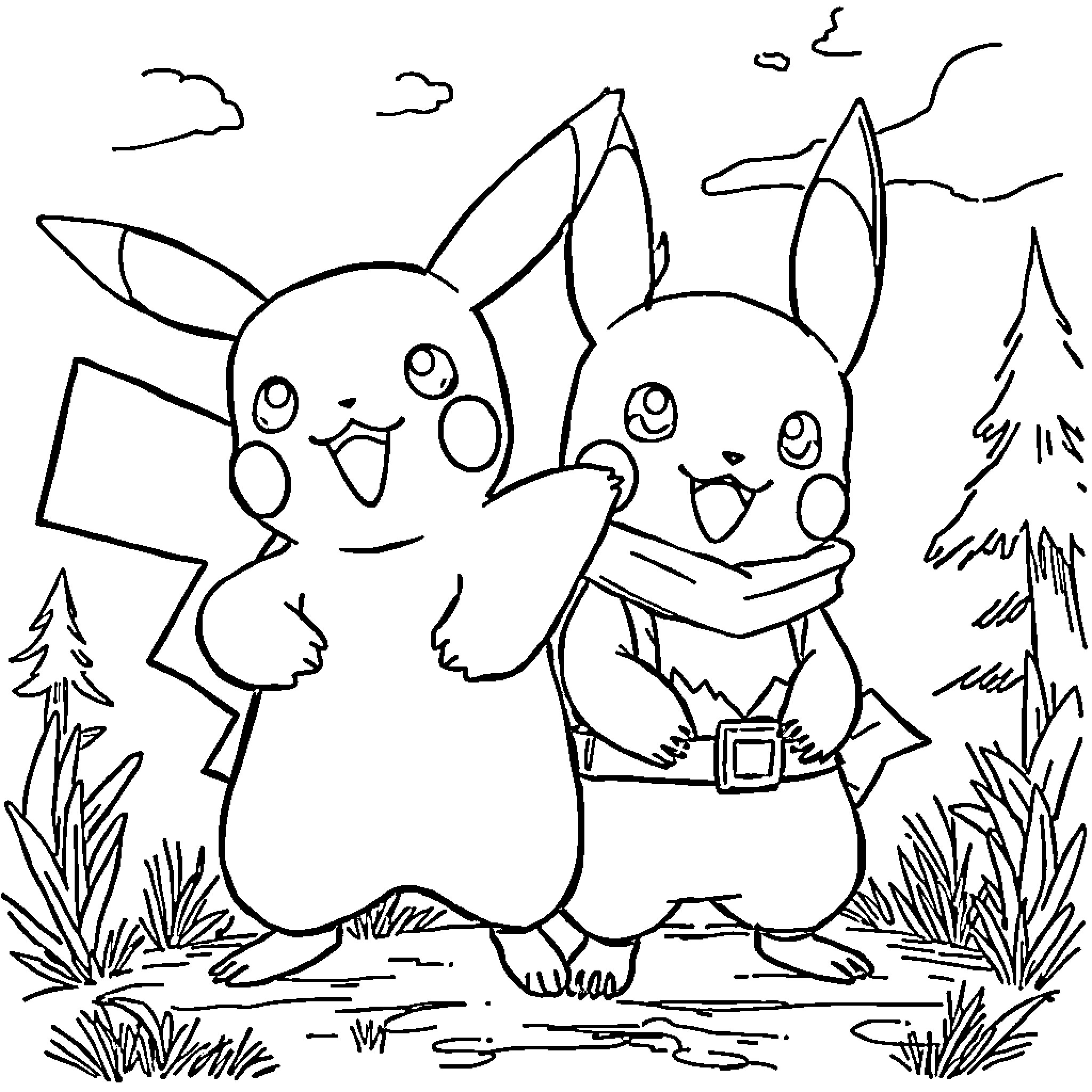 Pikachu and friend playing in the park Coloring Page (free black-and-white line drawing printable PDF for all, from beginners to advanced learners, including children, teens, adults, and seniors)