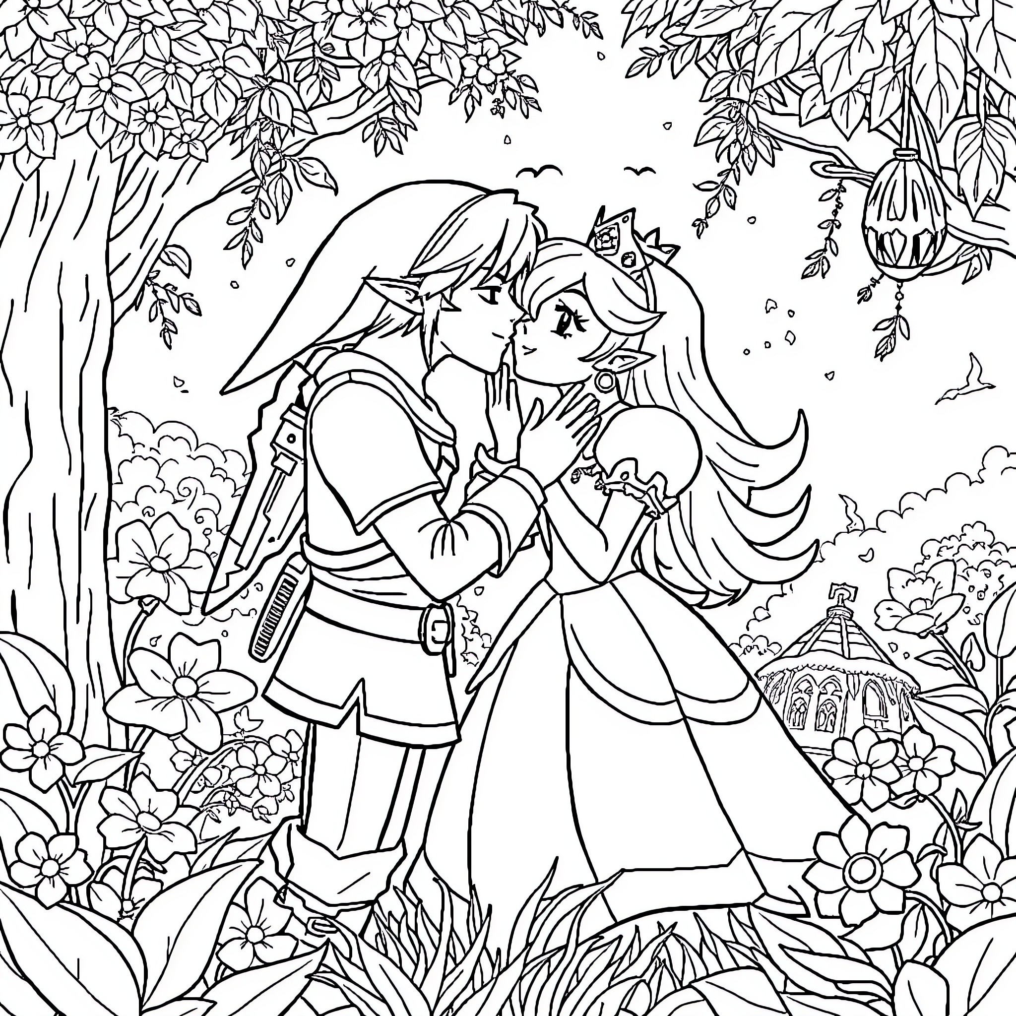 Link and Princess in Floral Landscape Coloring Page (free black-and-white line drawing printable PDF for all, from beginners to advanced learners, including children, teens, adults, and seniors)