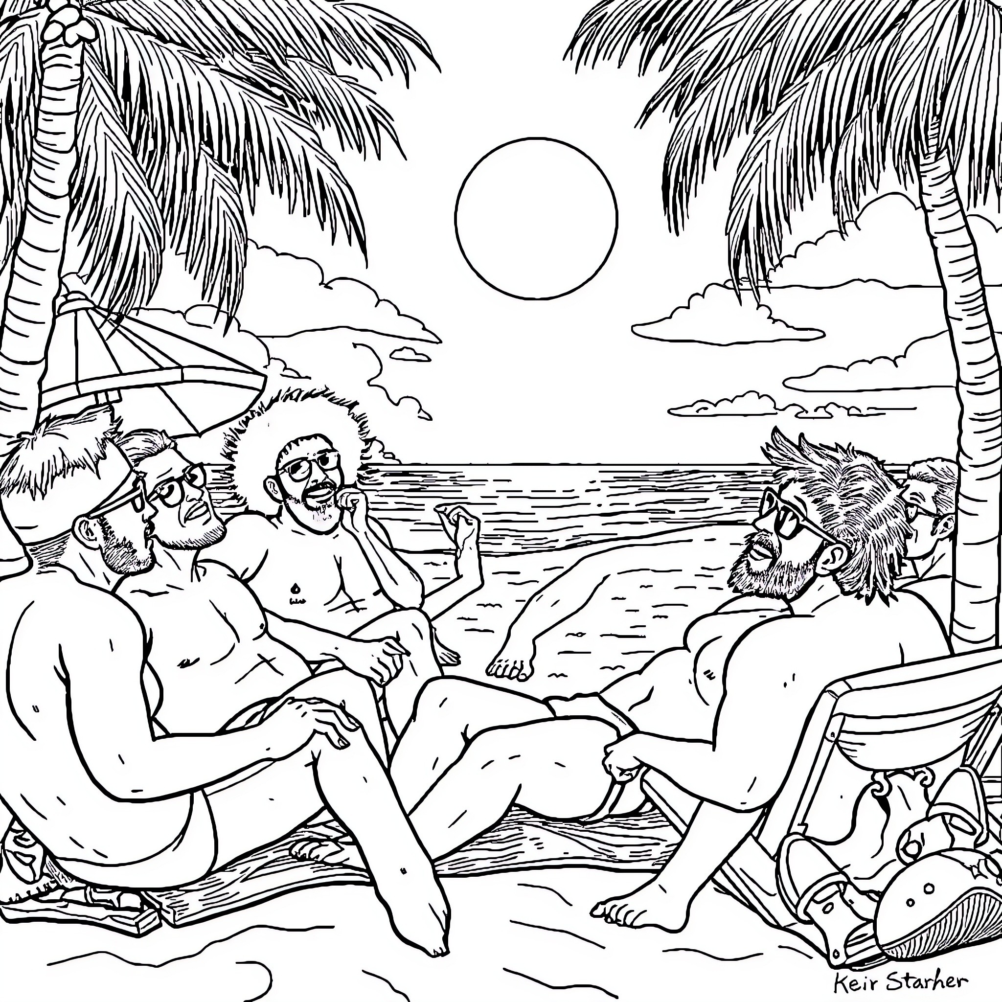 Woman relaxing on a tropical beach with friends Coloring Page (free black-and-white line drawing printable PDF for all, from beginners to advanced learners, including children, teens, adults, and seniors)