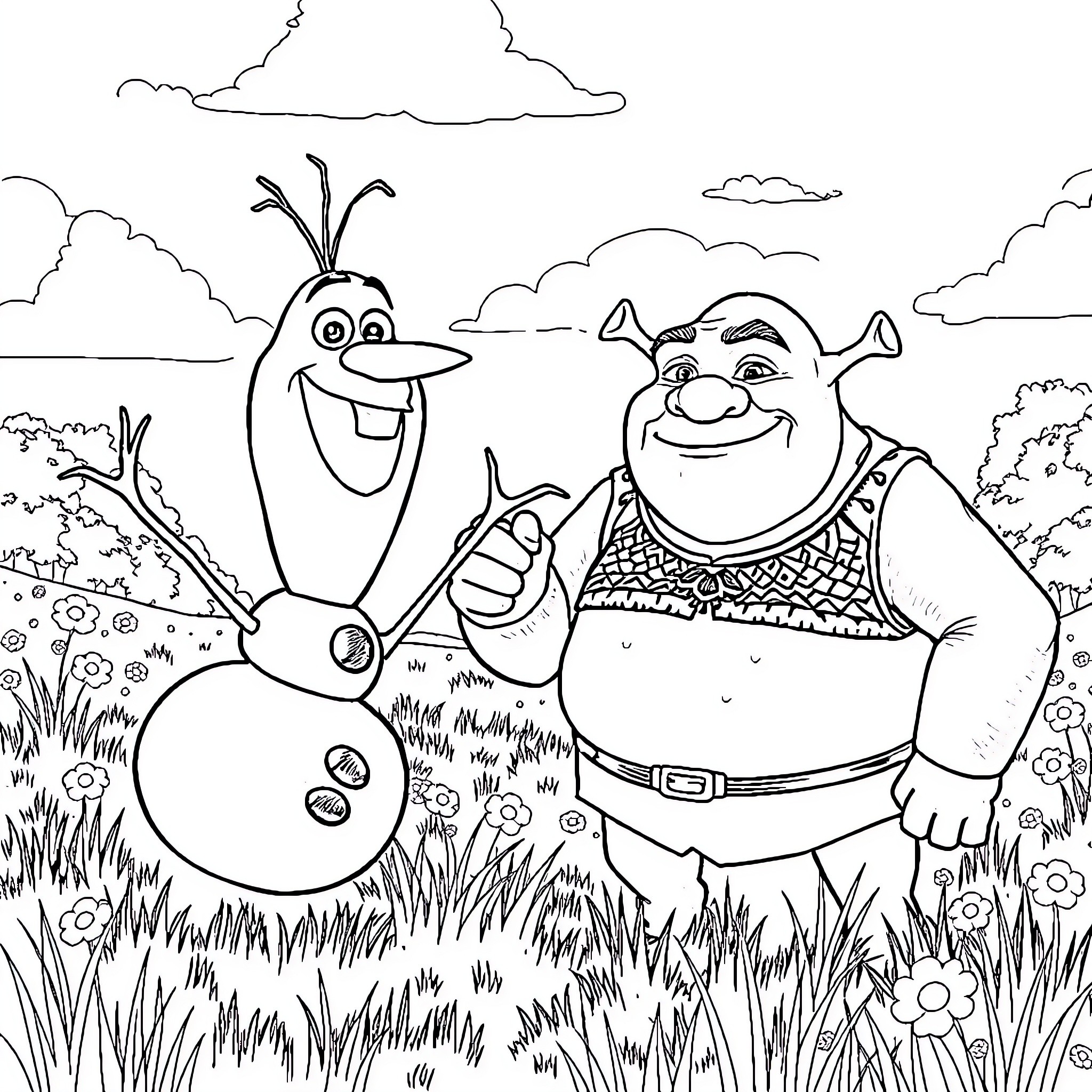 Olaf and Shrek enjoying the outdoors Coloring Page (free black-and-white line drawing printable PDF for all, from beginners to advanced learners, including children, teens, adults, and seniors)