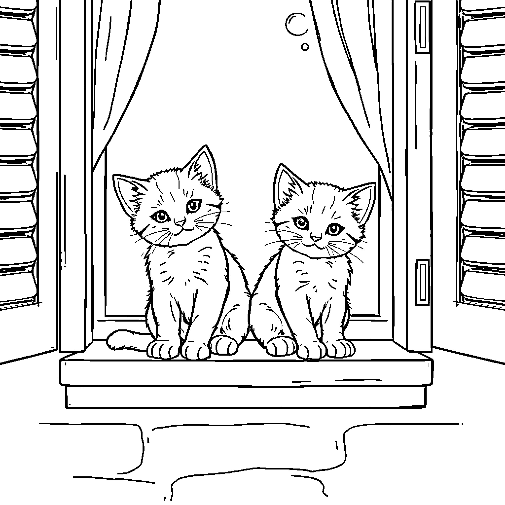 Kittens sitting on a window sill Coloring Page (free black-and-white line drawing printable PDF for all, from beginners to advanced learners, including children, teens, adults, and seniors)