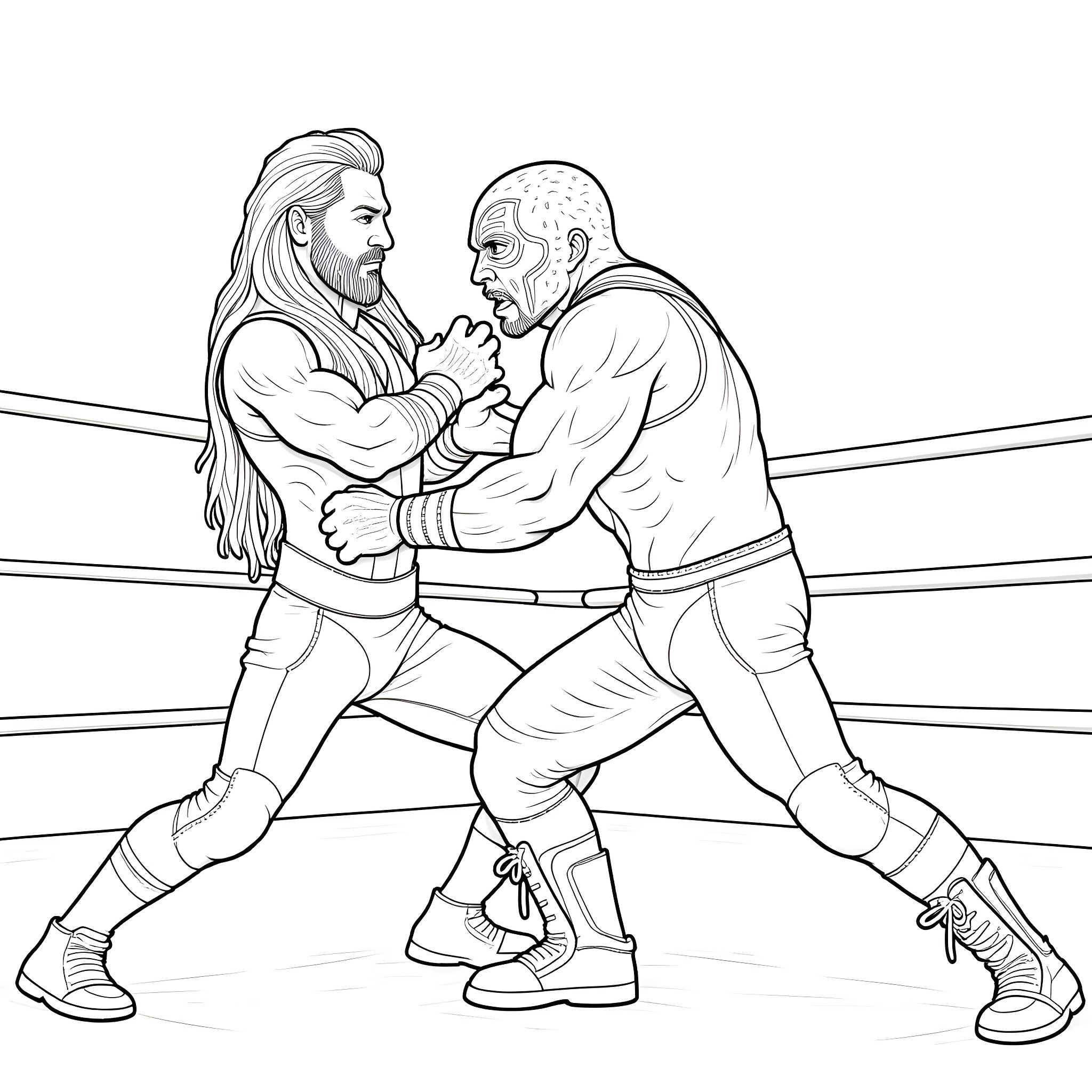 Zakk Wylde in an intense wrestling match Coloring Page (free black-and-white line drawing printable PDF for all, from beginners to advanced learners, including children, teens, adults, and seniors)