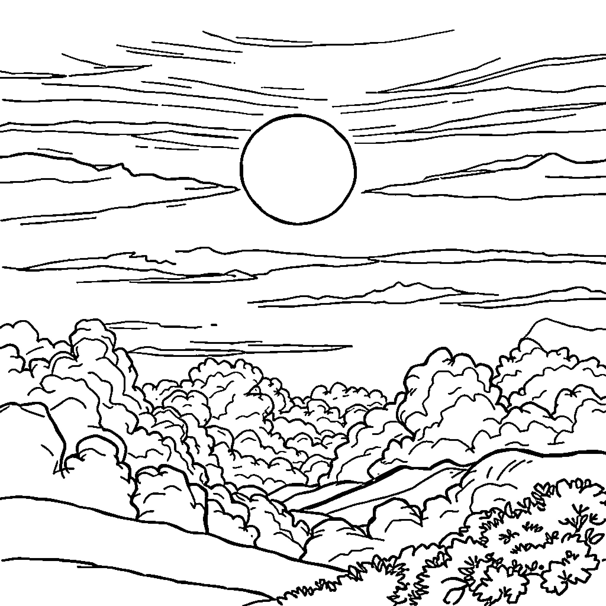 Sunset over a Scenic Landscape Coloring Page (free black-and-white line drawing printable PDF for all, from beginners to advanced learners, including children, teens, adults, and seniors)