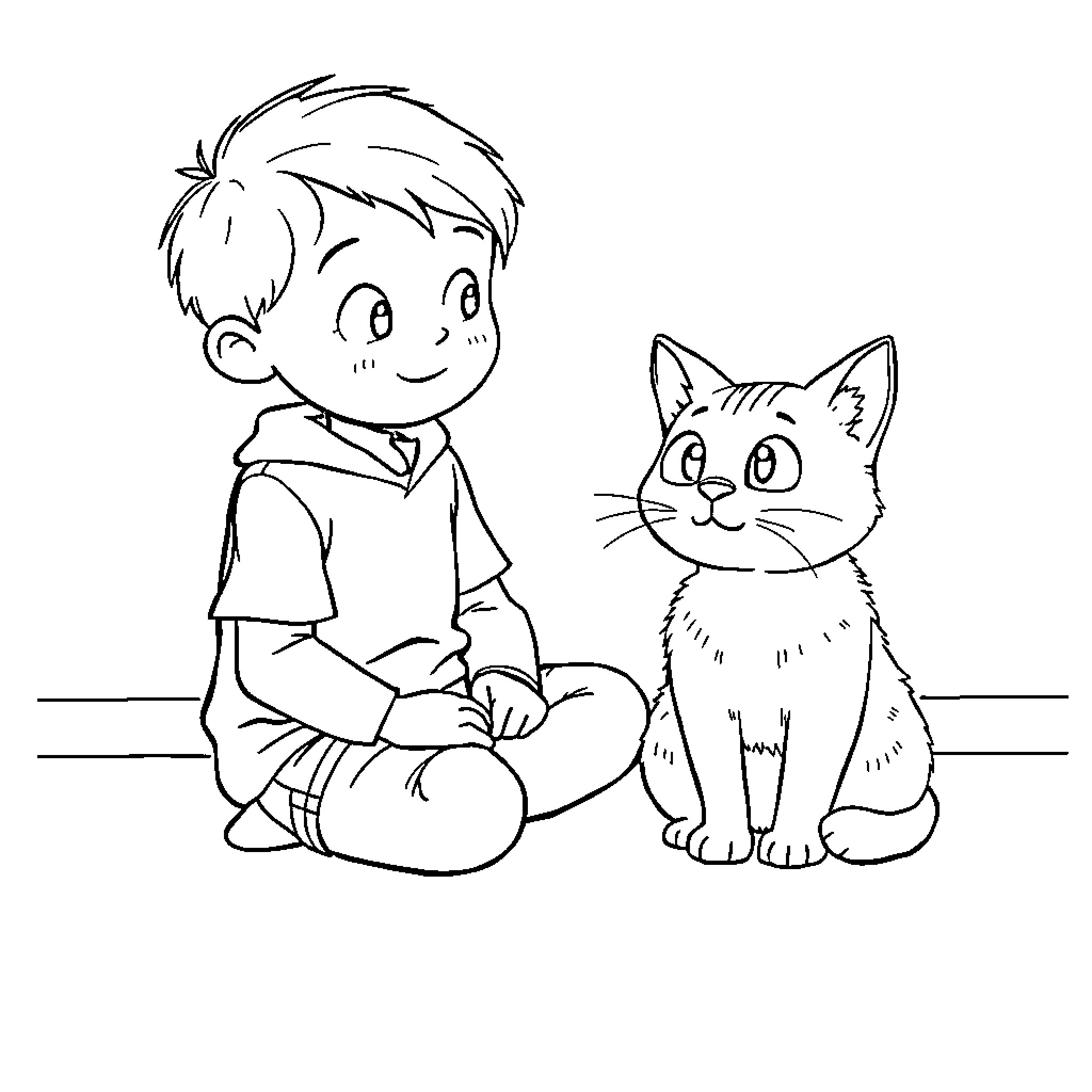 Student sitting with a playful cat Coloring Page (free black-and-white line drawing printable PDF for all, from beginners to advanced learners, including children, teens, adults, and seniors)