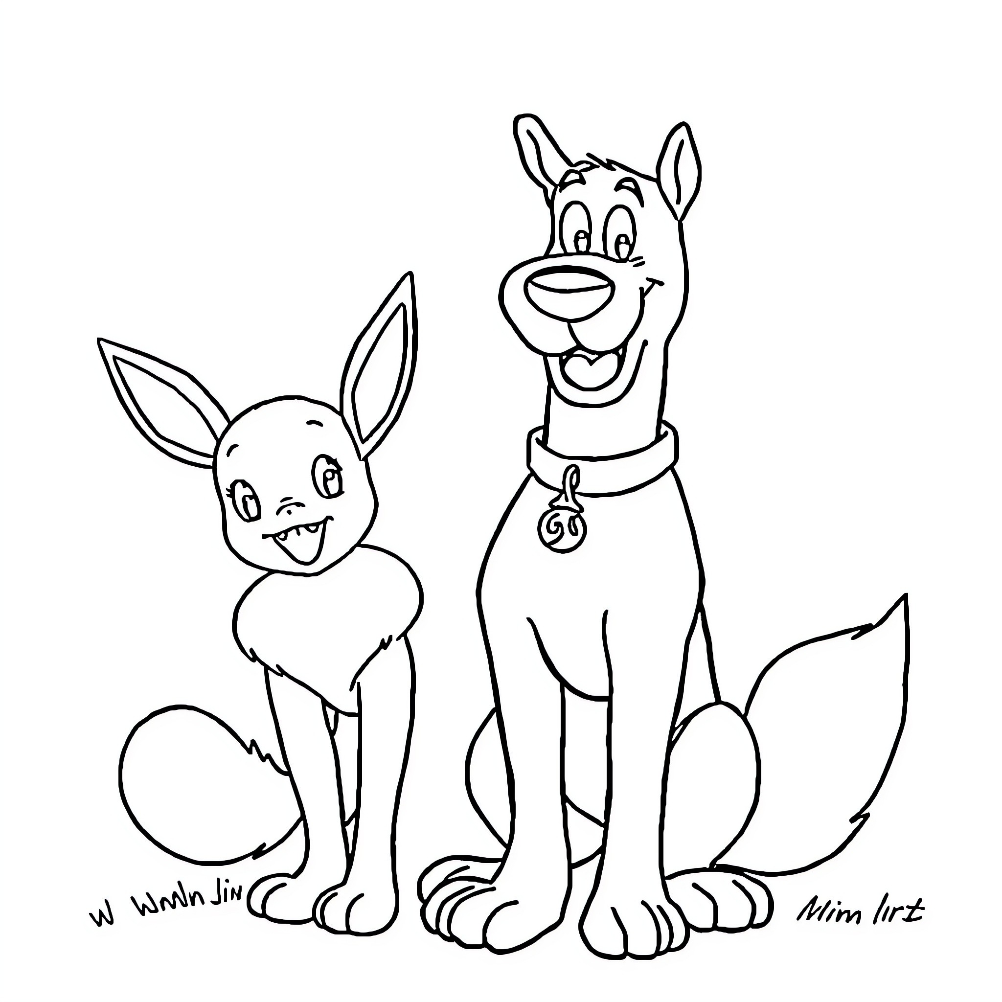 Scooby Doo and Scrappy Doo playing happily Coloring Page (free black-and-white line drawing printable PDF for all, from beginners to advanced learners, including children, teens, adults, and seniors)
