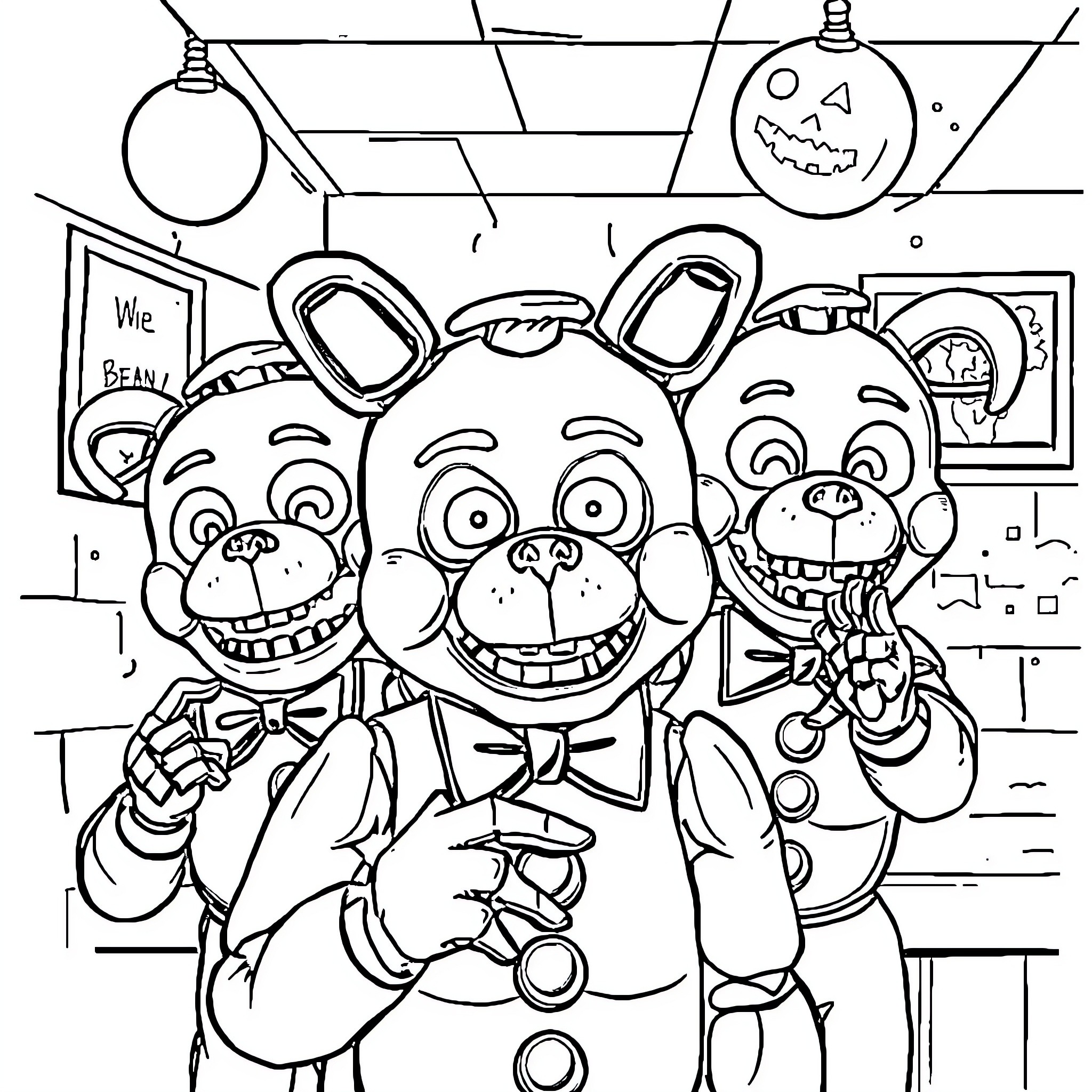FNAF Animatronics Grouped in Eerie Lair Coloring Page (free black-and-white line drawing printable PDF for all, from beginners to advanced learners, including children, teens, adults, and seniors)