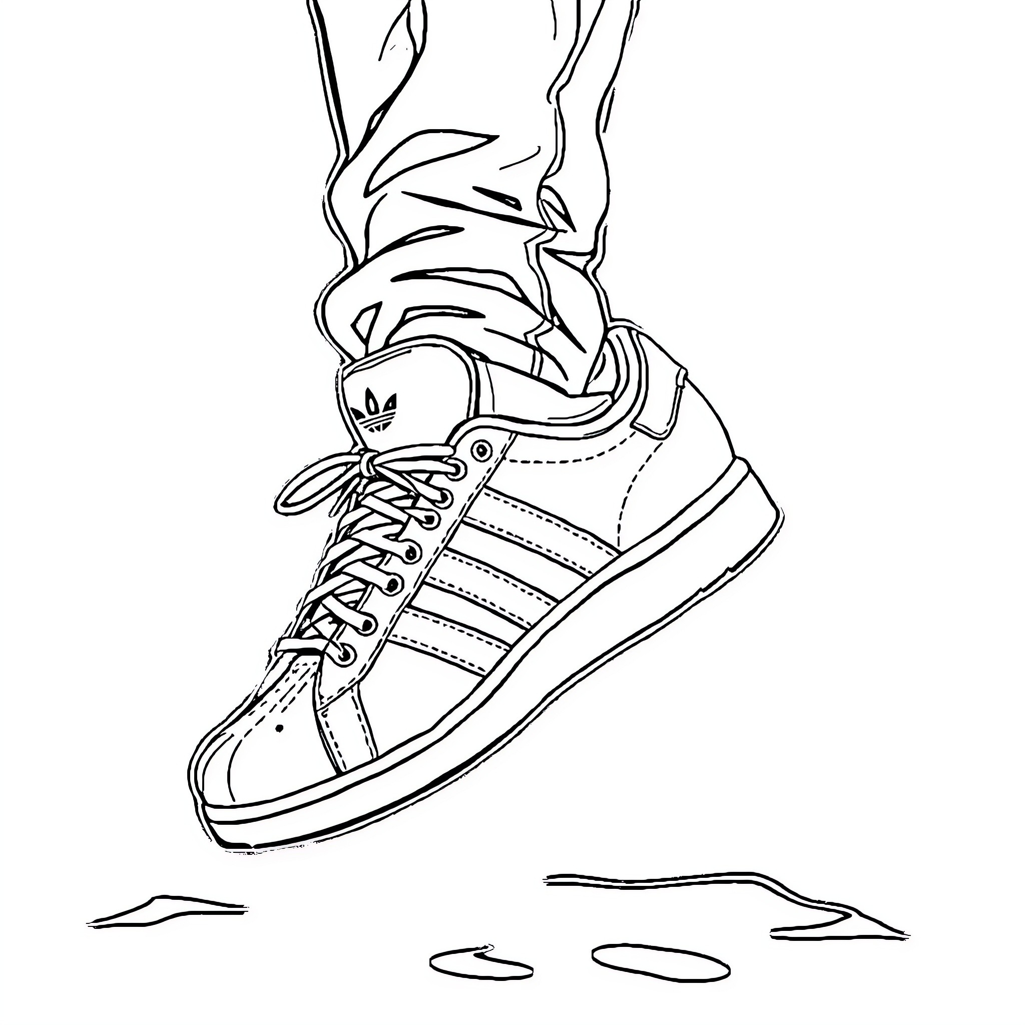 Mojón sneaker laces on the ground Coloring Page (free black-and-white line drawing printable PDF for all, from beginners to advanced learners, including children, teens, adults, and seniors)