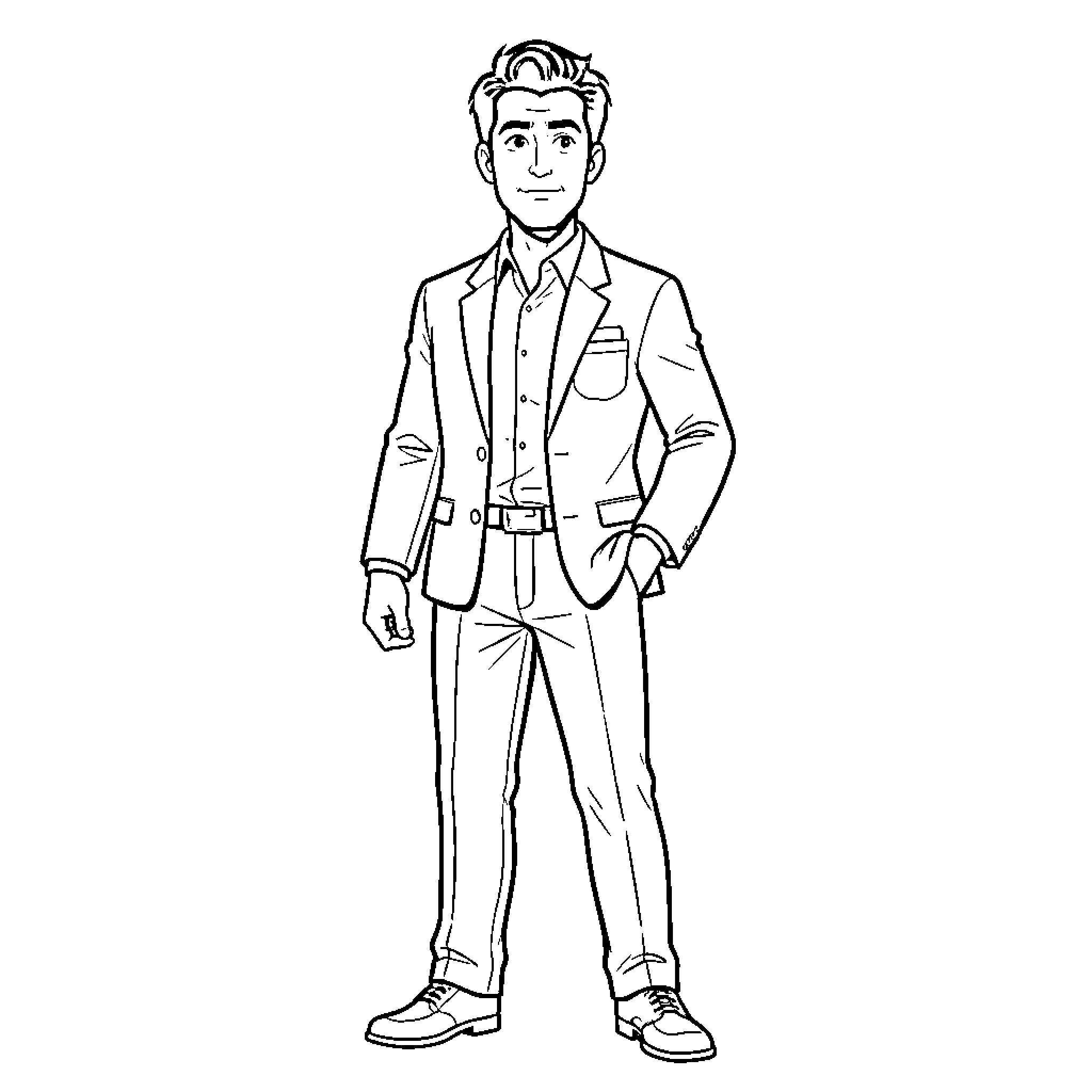 Manzur standing confidently in a formal suit Coloring Page (free black-and-white line drawing printable PDF for all, from beginners to advanced learners, including children, teens, adults, and seniors)