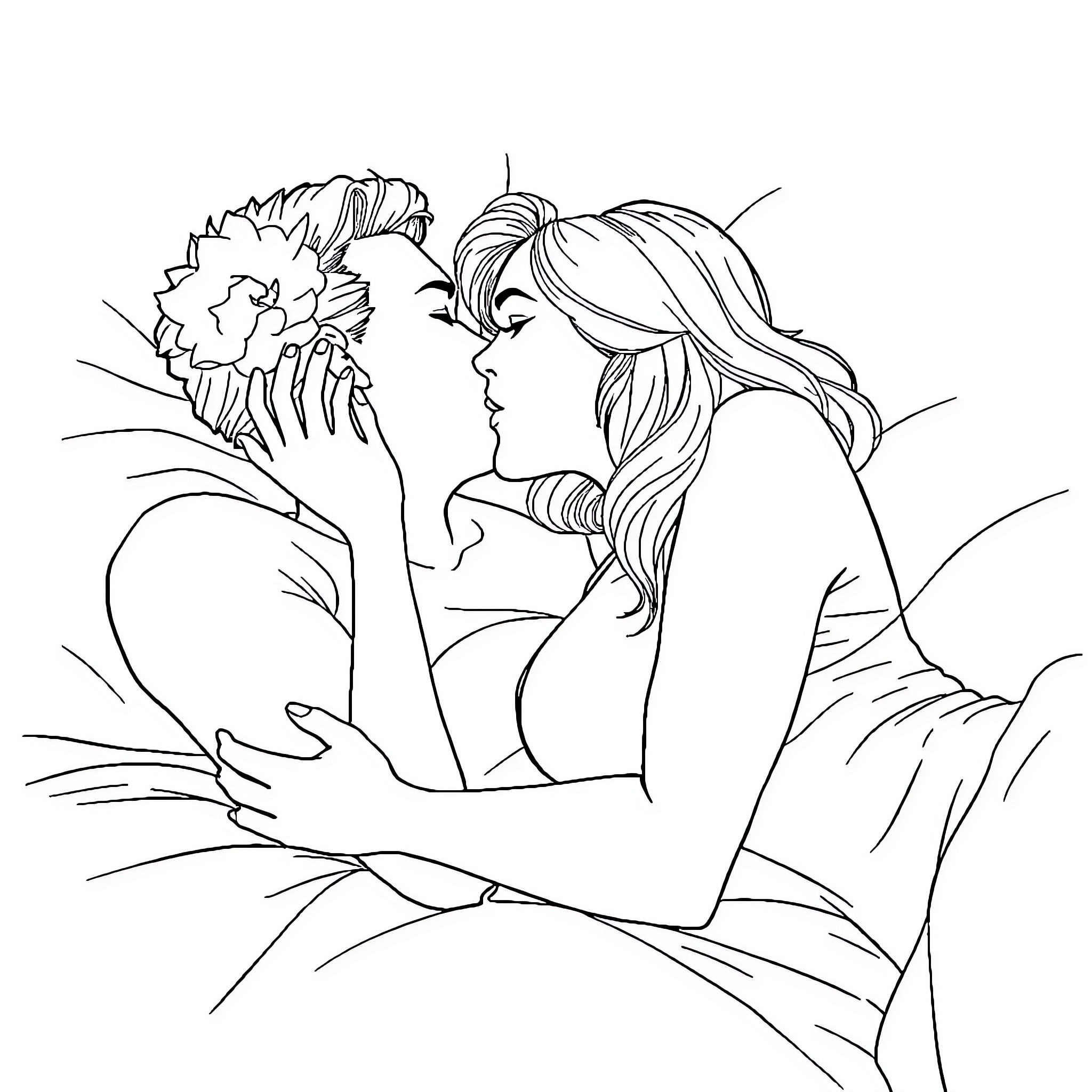 Girlfriend admiring beautiful flower in nature Coloring Page (free black-and-white line drawing printable PDF for all, from beginners to advanced learners, including children, teens, adults, and seniors)