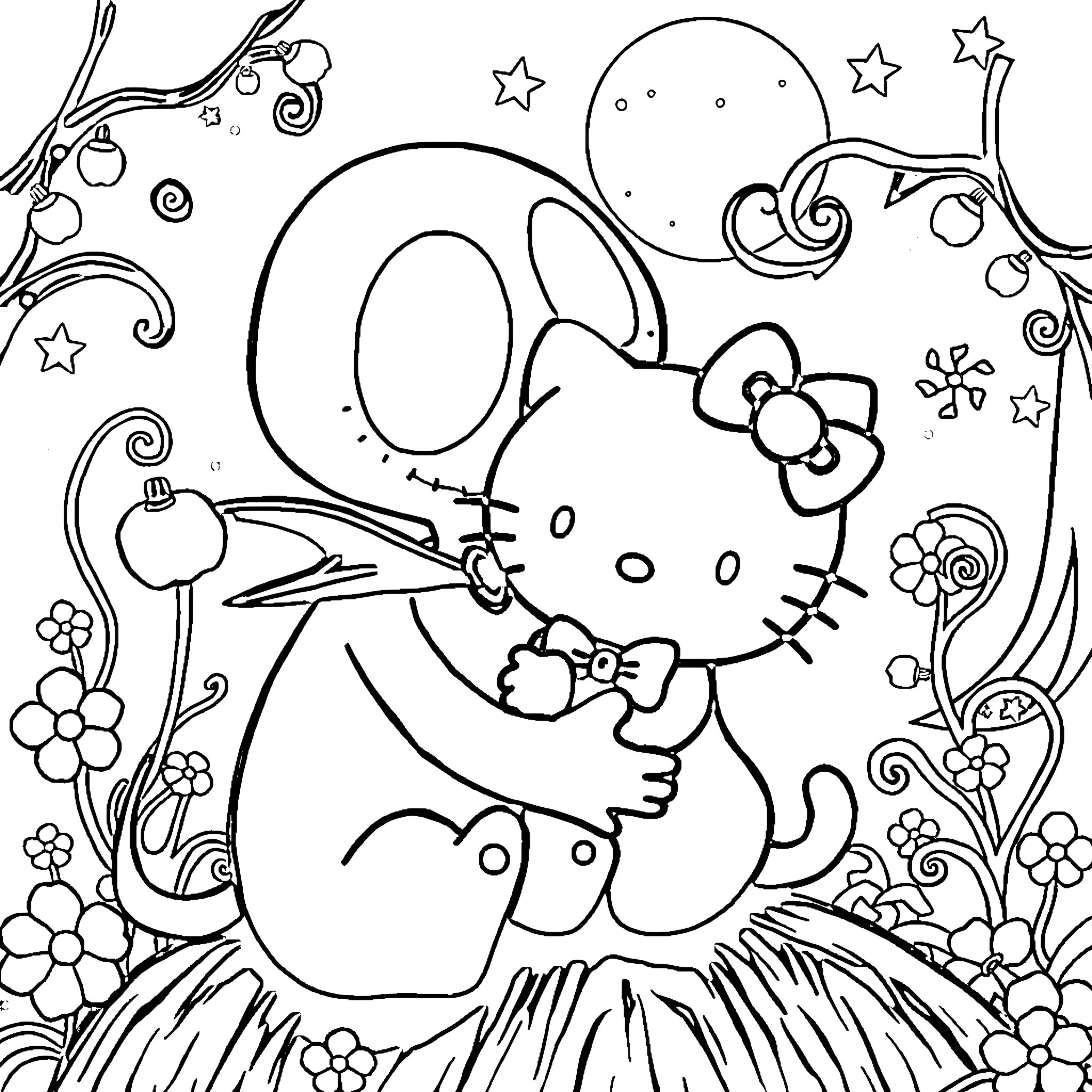 Zero Kitty Playing Happily in Whimsical Garden Coloring Page (free black-and-white line drawing printable PDF for all, from beginners to advanced learners, including children, teens, adults, and seniors)