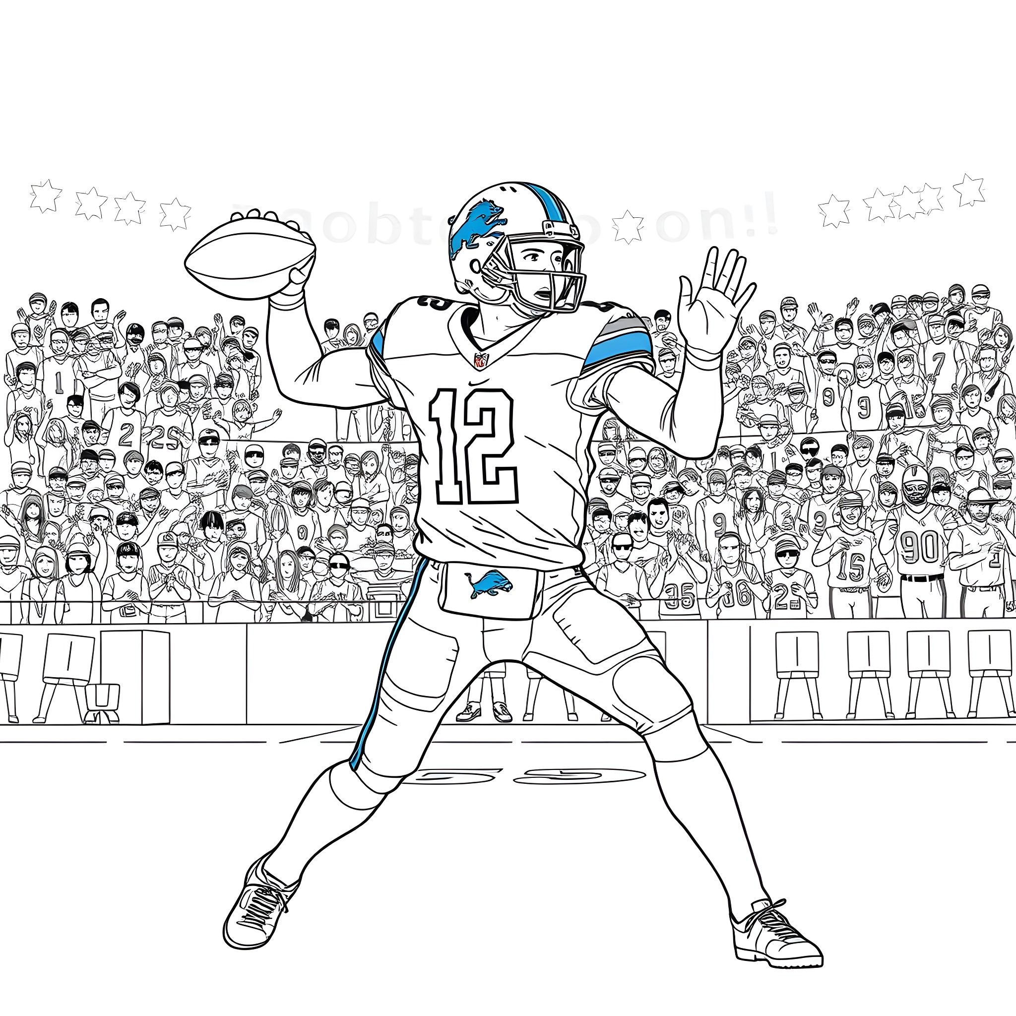 Football Player Celebrating Victory in Front of Crowd Coloring Page (free black-and-white line drawing printable PDF for all, from beginners to advanced learners, including children, teens, adults, and seniors)