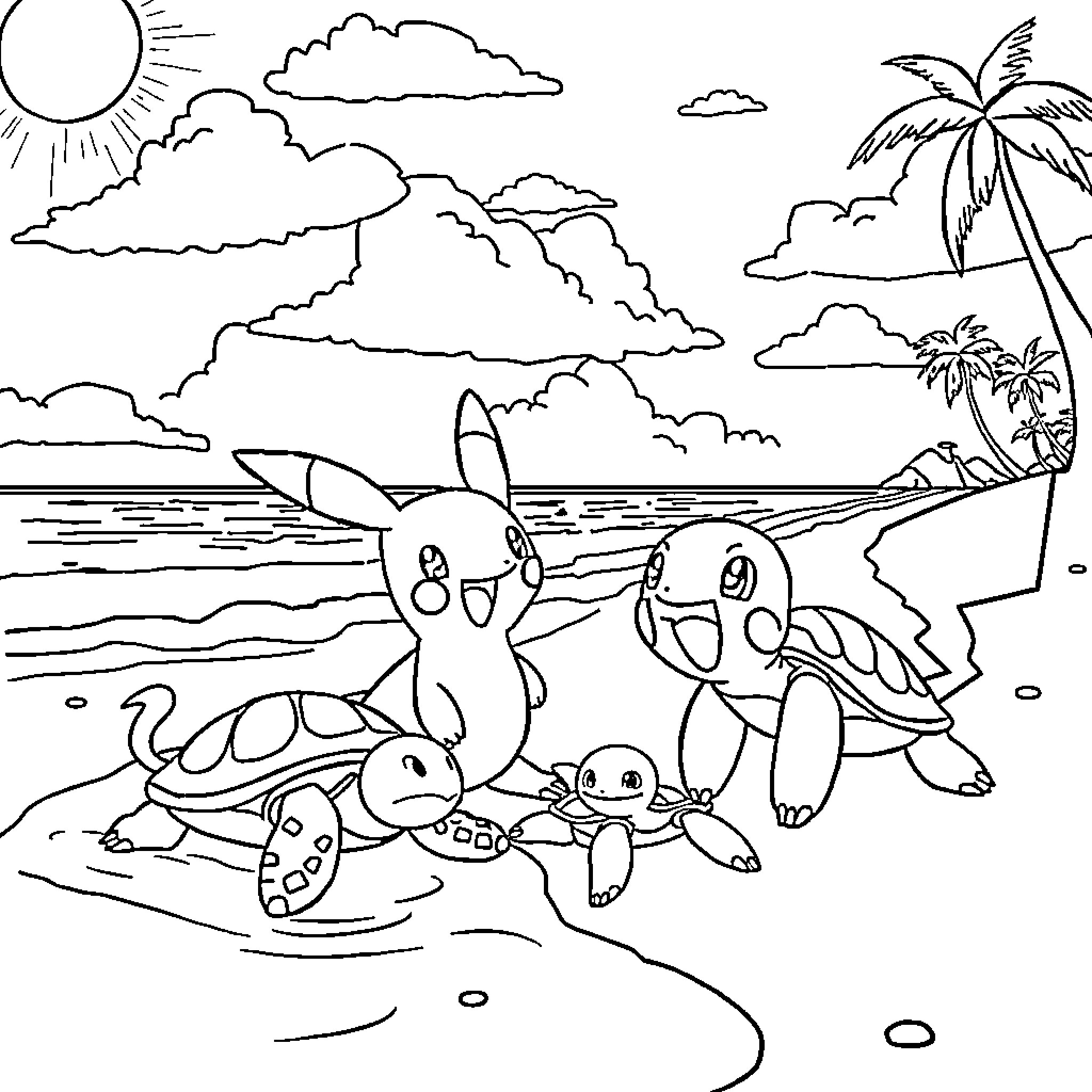 Pokémon characters playing on the beach Coloring Page (free black-and-white line drawing printable PDF for all, from beginners to advanced learners, including children, teens, adults, and seniors)