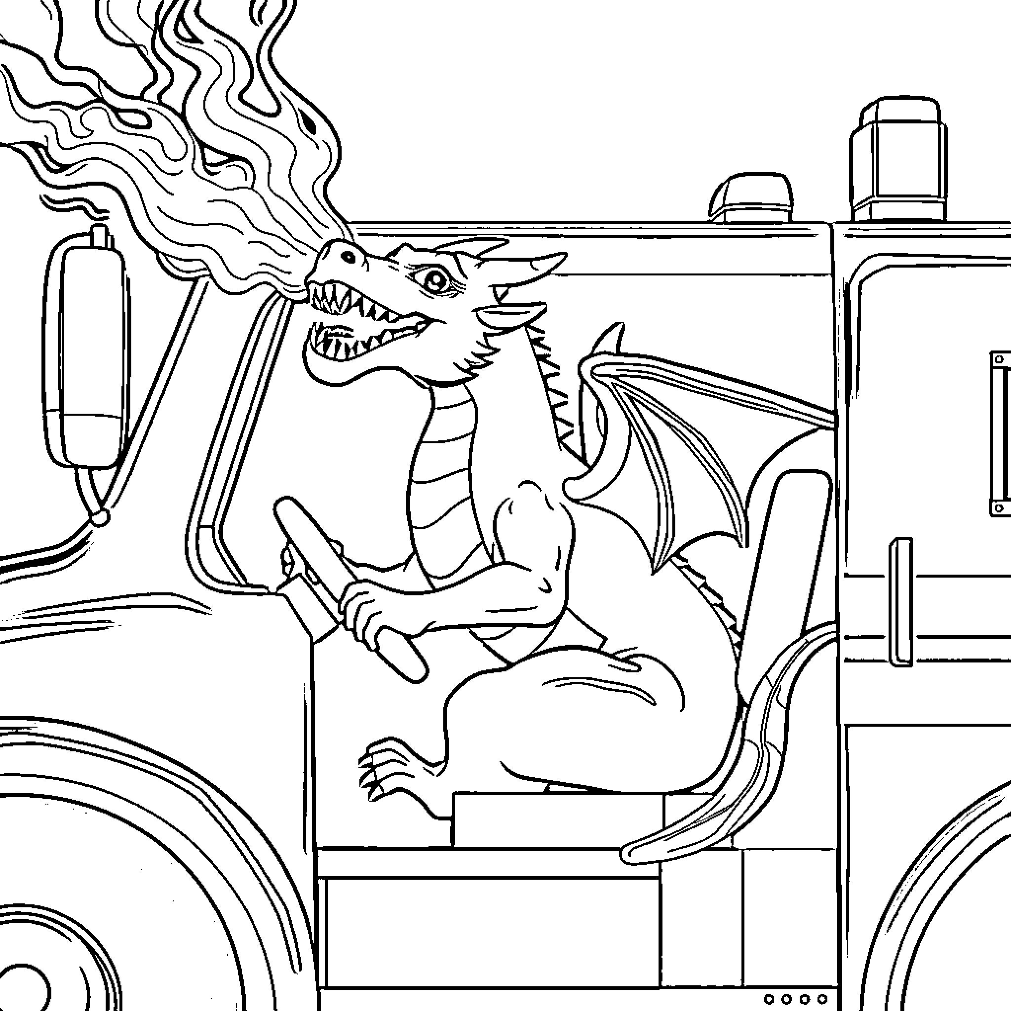 Dragon Riding a Fire Truck with Smoke and Flames Coloring Page (free black-and-white line drawing printable PDF for all, from beginners to advanced learners, including children, teens, adults, and seniors)