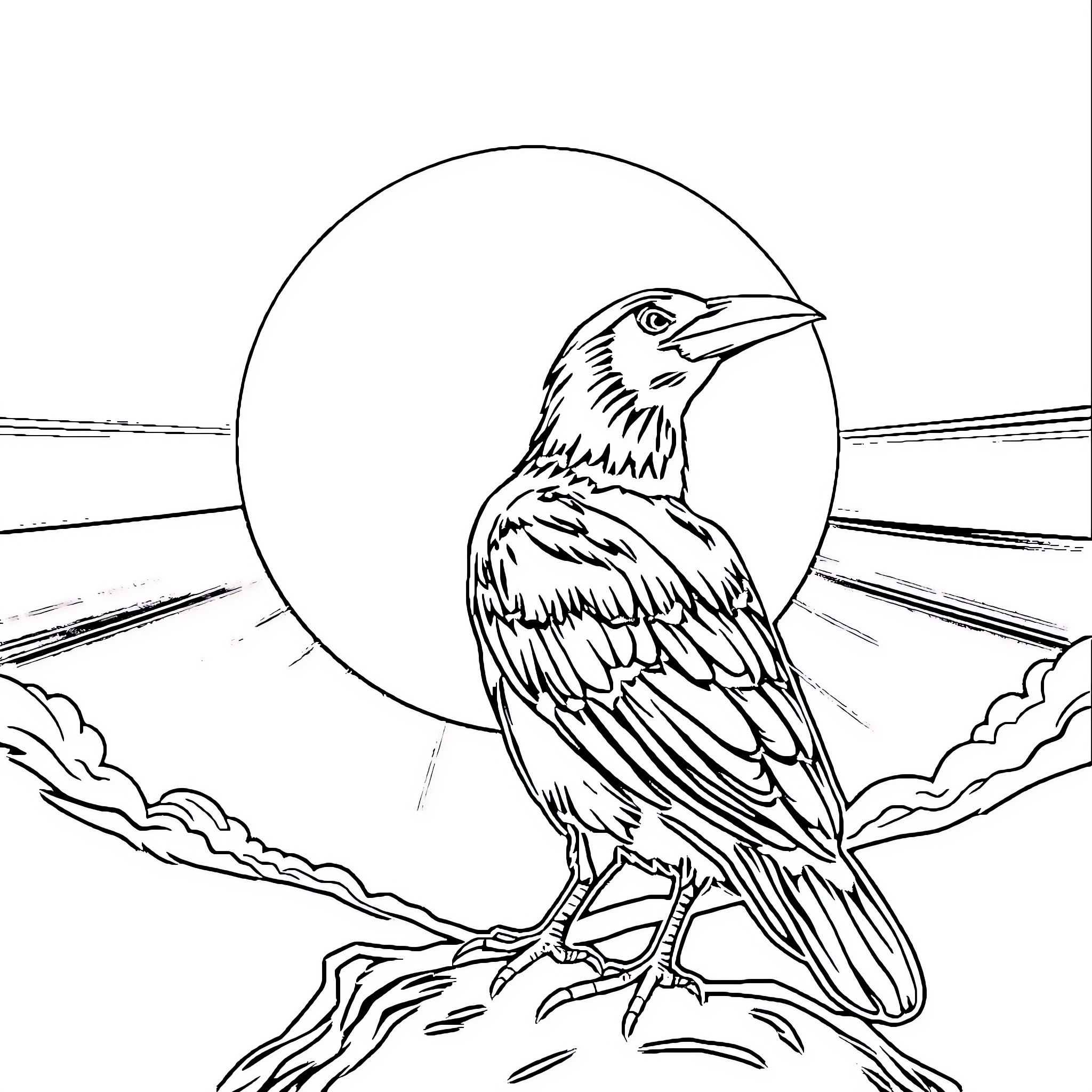 Raven perched against a scenic landscape Coloring Page (free black-and-white line drawing printable PDF for all, from beginners to advanced learners, including children, teens, adults, and seniors)