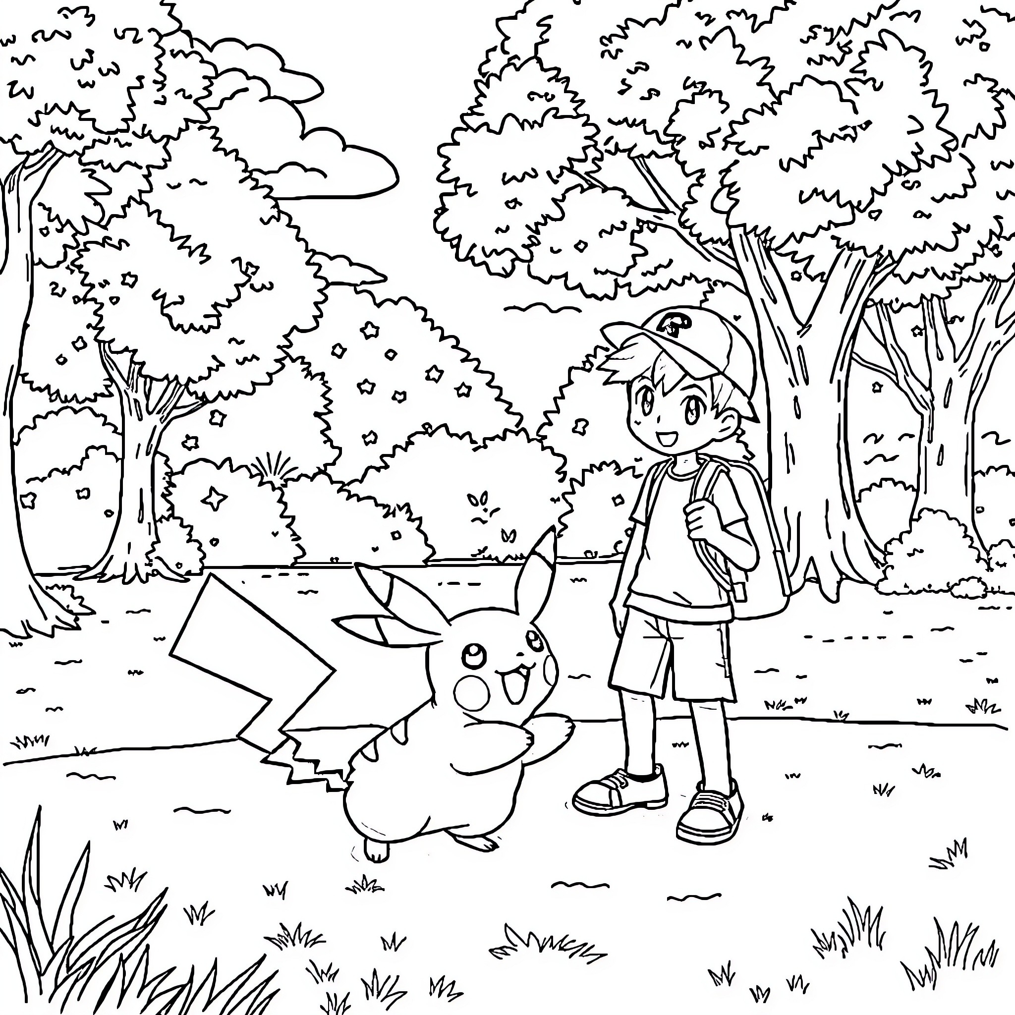 Pikachu and trainer exploring the forest Coloring Page (free black-and-white line drawing printable PDF for all, from beginners to advanced learners, including children, teens, adults, and seniors)