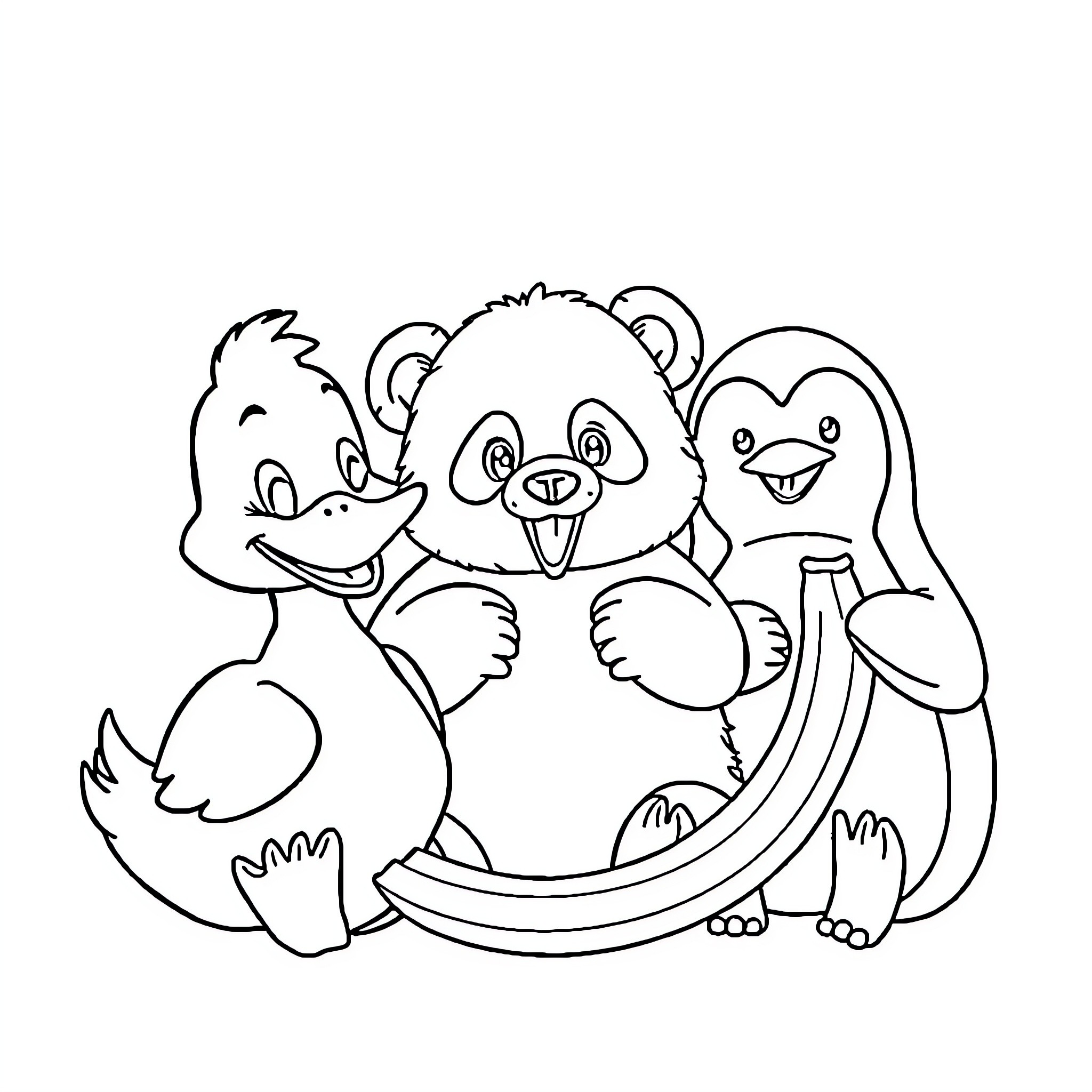 Duck, Panda, and Penguin Friends Playing Together Coloring Page (free black-and-white line drawing printable PDF for all, from beginners to advanced learners, including children, teens, adults, and seniors)