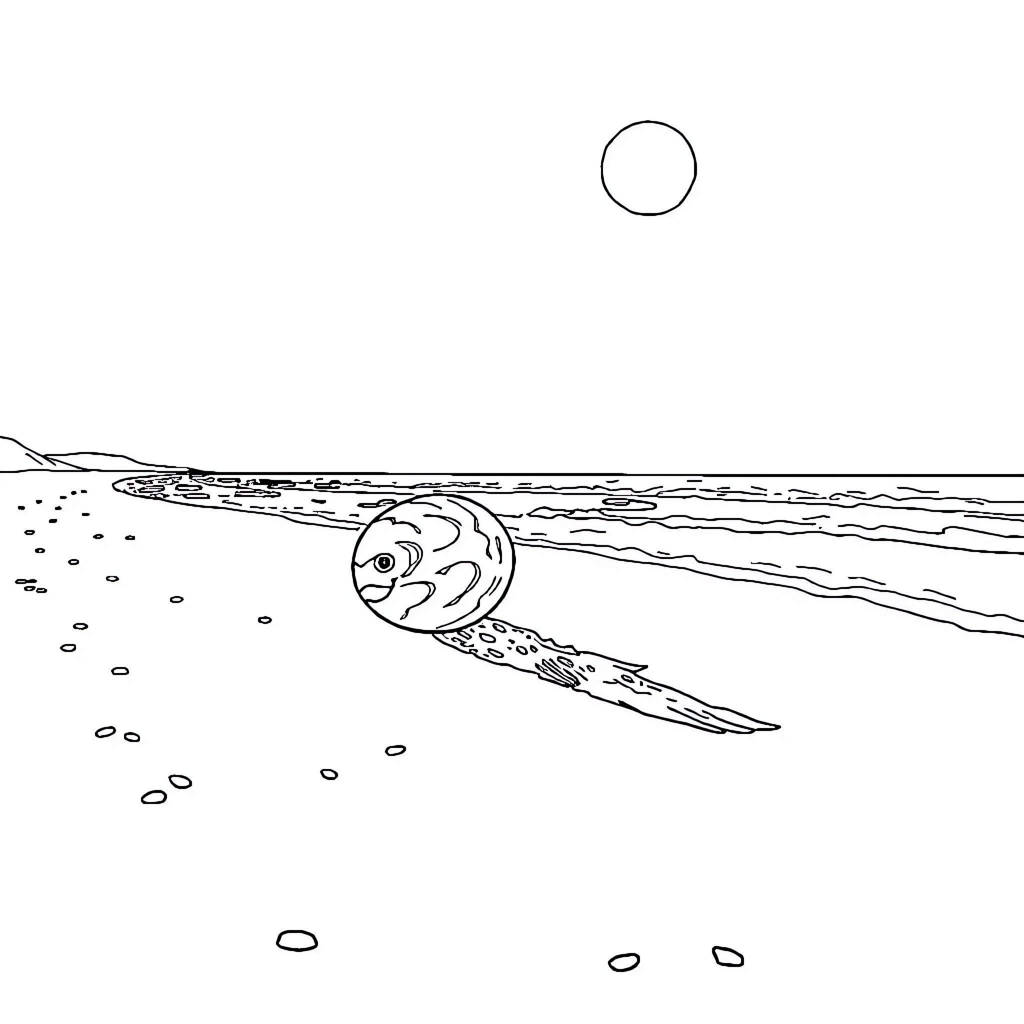 C8 Moon Turtle Swimming in the Sea Coloring Page (free black-and-white line drawing printable PDF for all, from beginners to advanced learners, including children, teens, adults, and seniors)