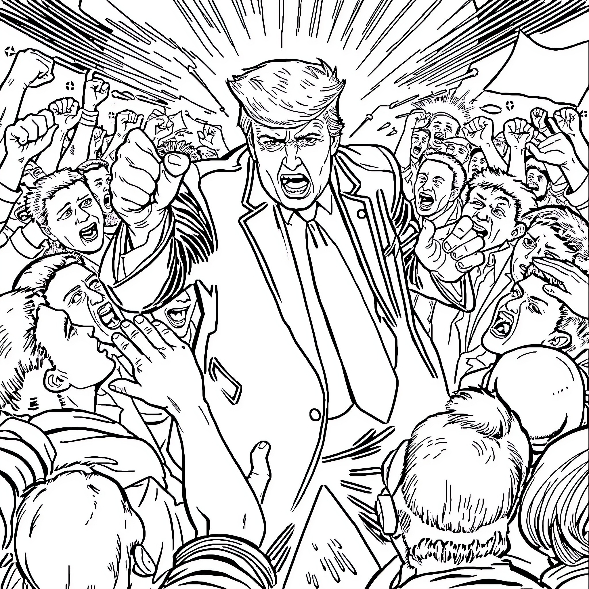 Donald Trump Surrounded by Angry Crowd Coloring Page (free black-and-white line drawing printable PDF for all, from beginners to advanced learners, including children, teens, adults, and seniors)