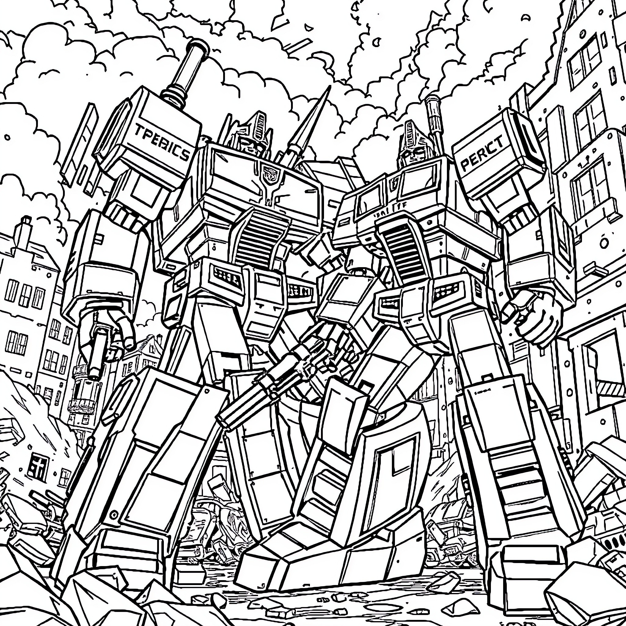 Transformer Battle in a Futuristic City Coloring Page (free black-and-white line drawing printable PDF for all, from beginners to advanced learners, including children, teens, adults, and seniors)